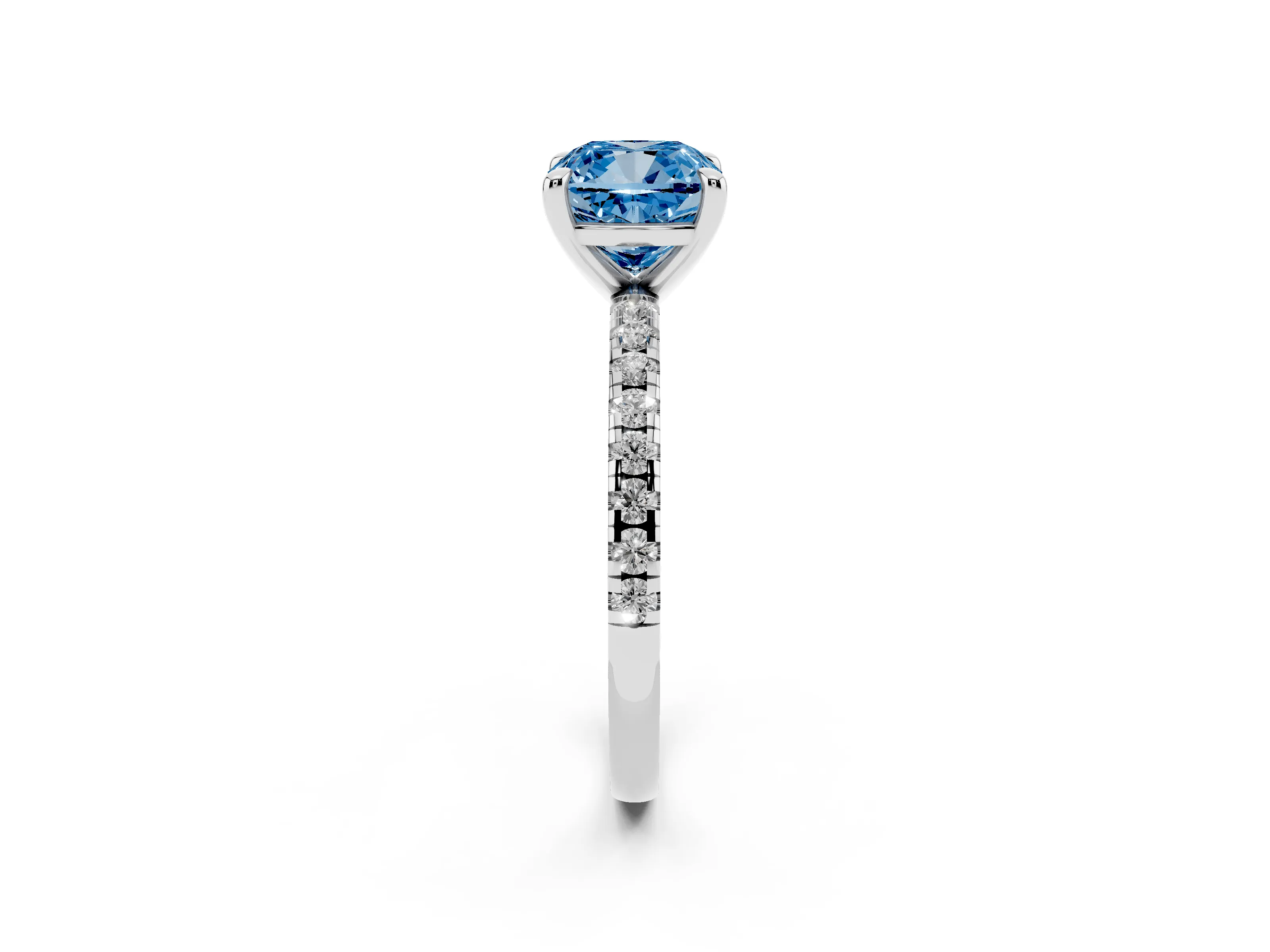 Fancy Blue Cushion Cut Diamond Brilliant Solitaire Ring Set in Platinum with Pavé Band and Prong Setting