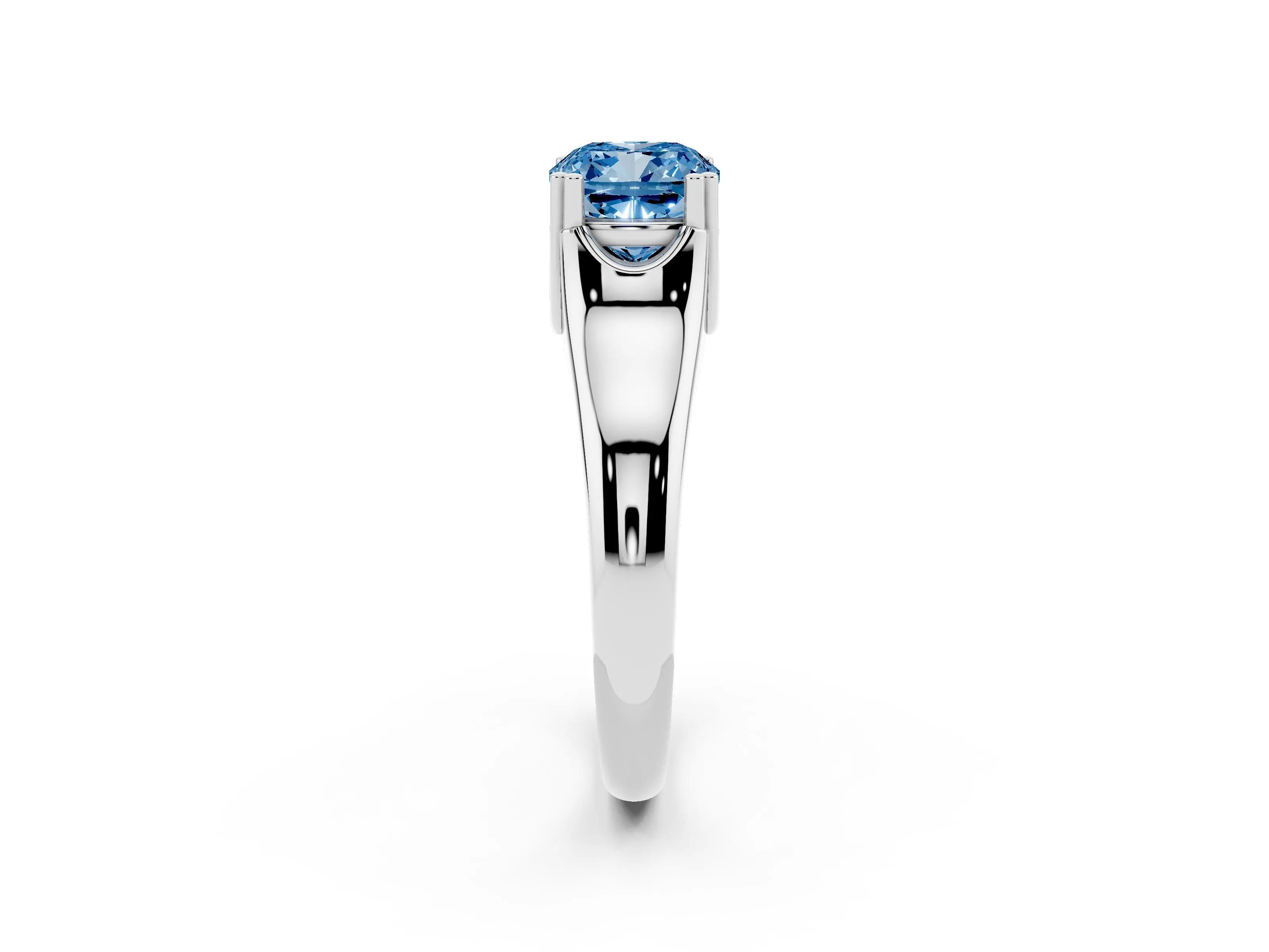Fancy Blue Cushion Cut Diamond Solitaire Ring Set in Platinum with Wide Band and Prong Setting
