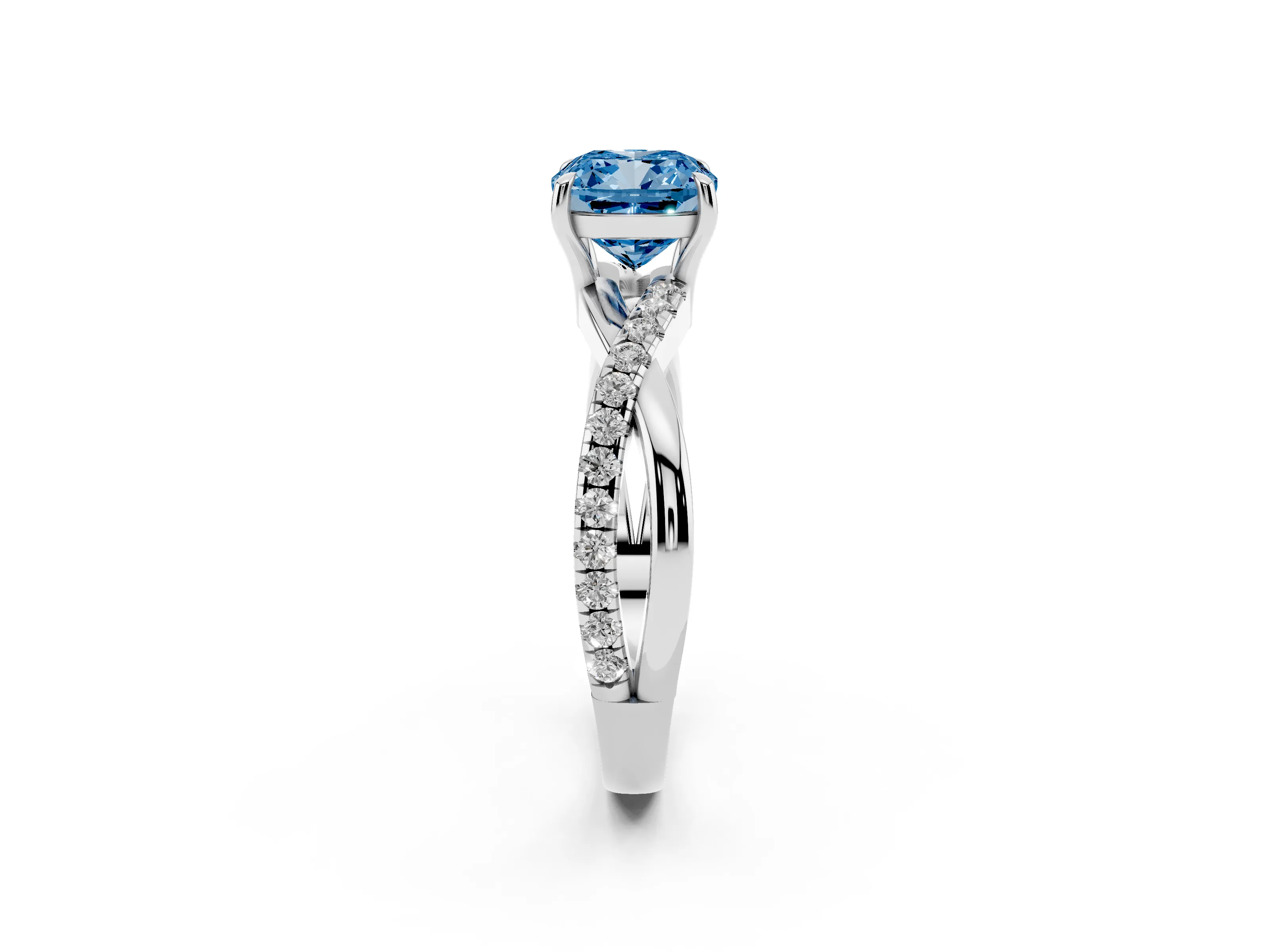 Fancy Blue Cushion Cut Diamond Twisted Pavé Band Ring Set in Silver with Prong Setting