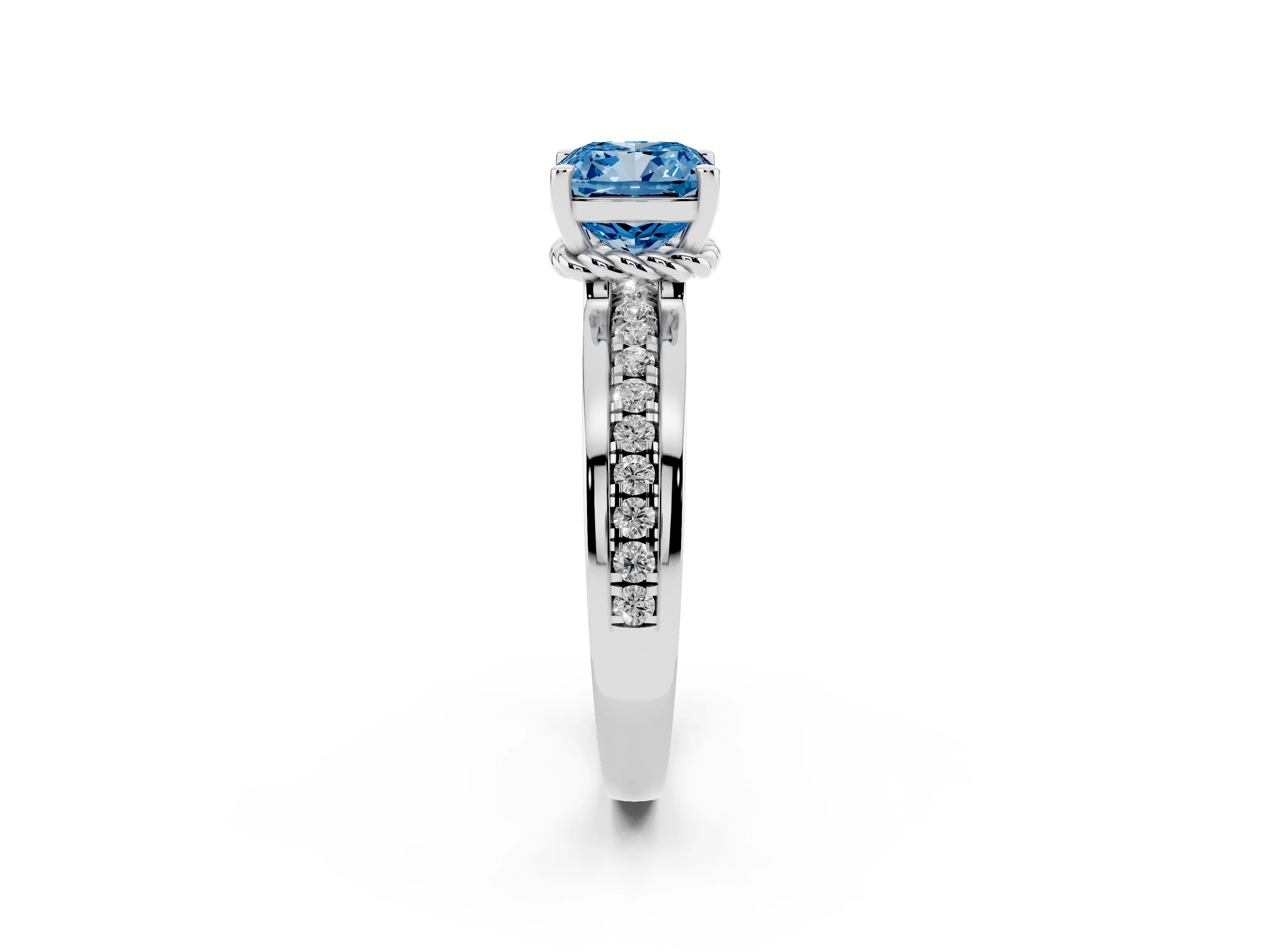 Fancy Blue Cushion Cut Diamond Solitaire Ring Set in Platinum with Channel Set Band and Prong Setting