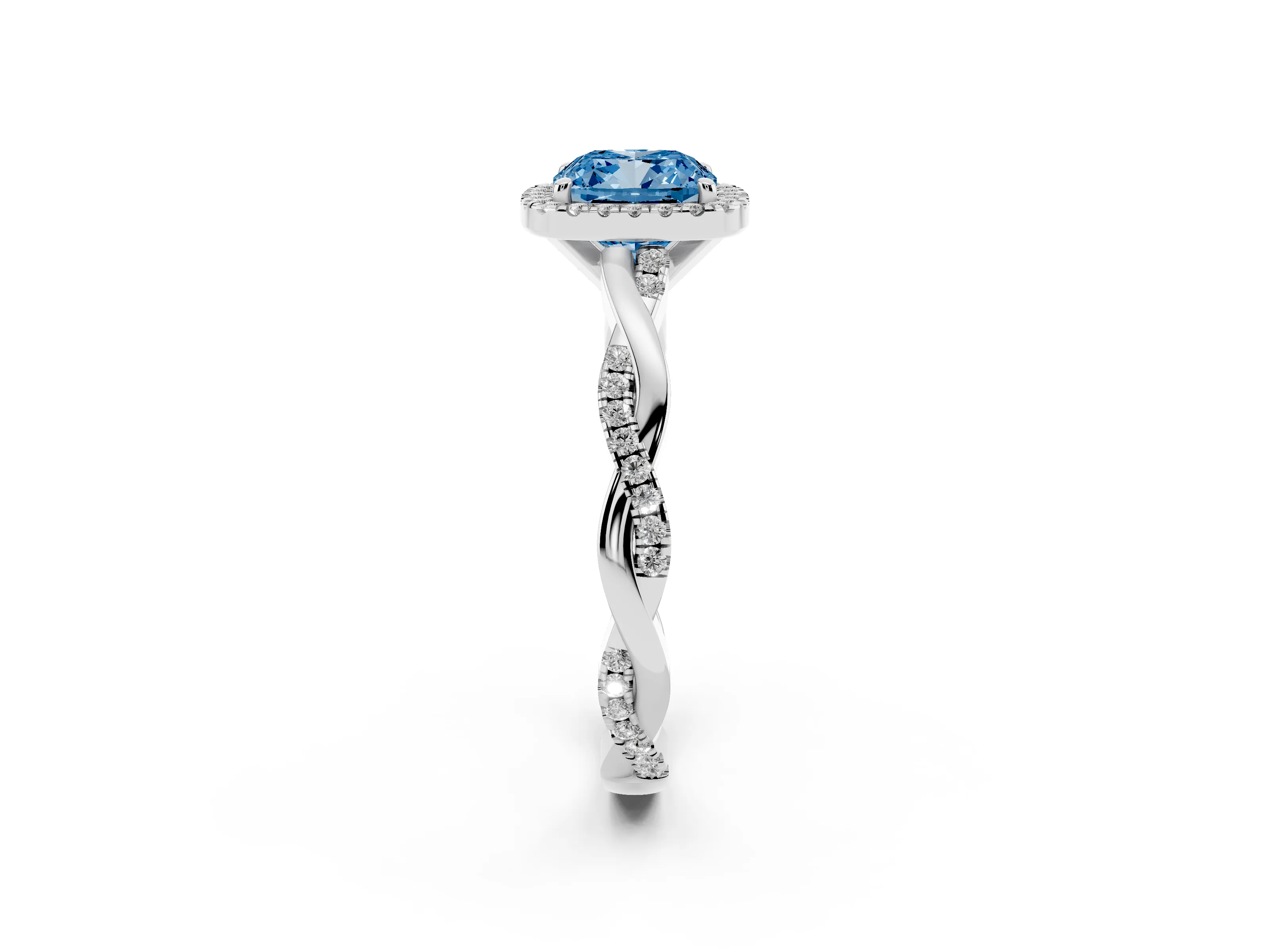 Fancy Blue Cushion Cut Diamond Halo Twisted Band Ring Set in Platinum with Prong Setting