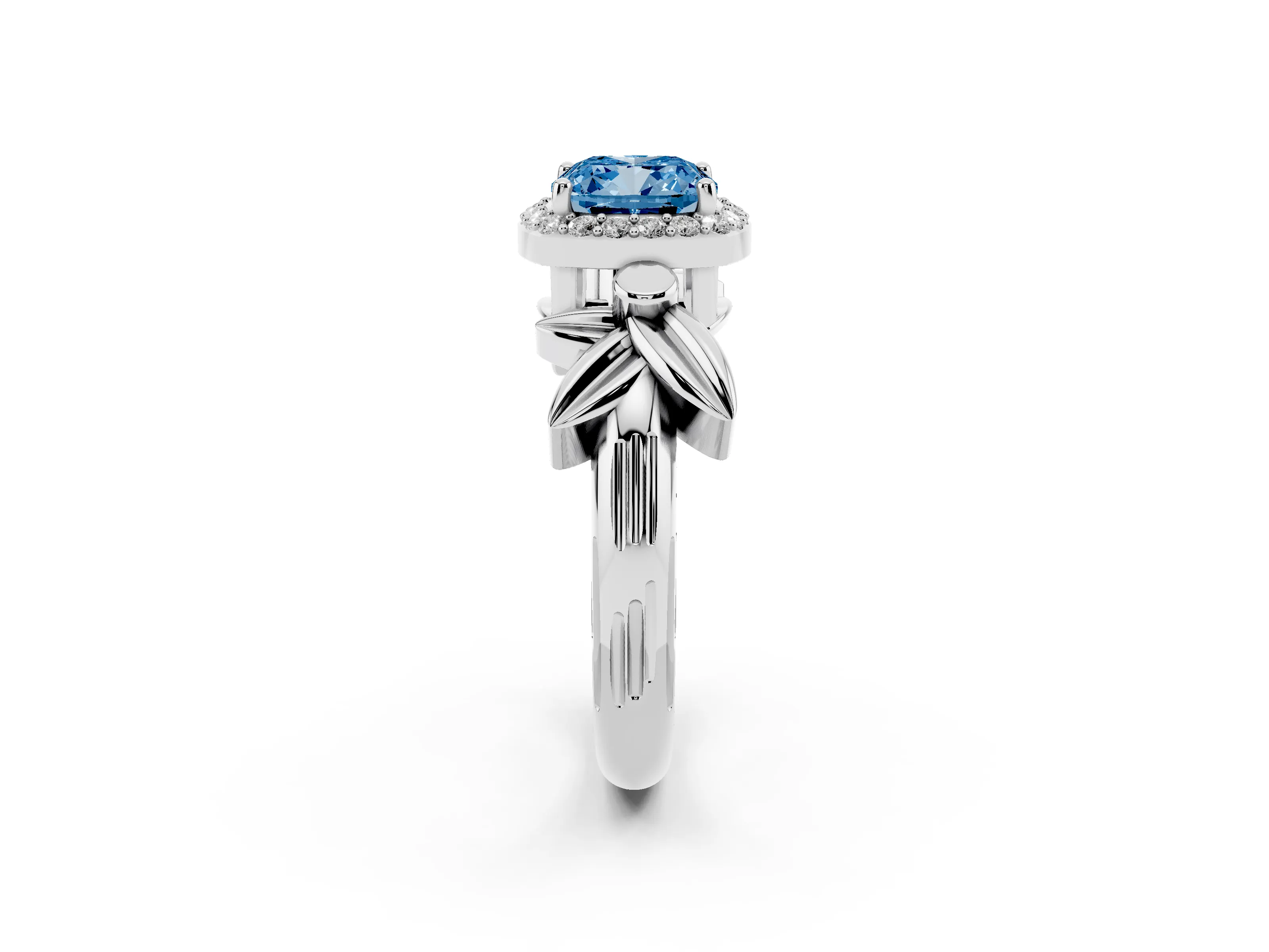 Fancy Blue Cushion Cut Diamond Halo Floral Band Ring Set in White gold with Prong Setting