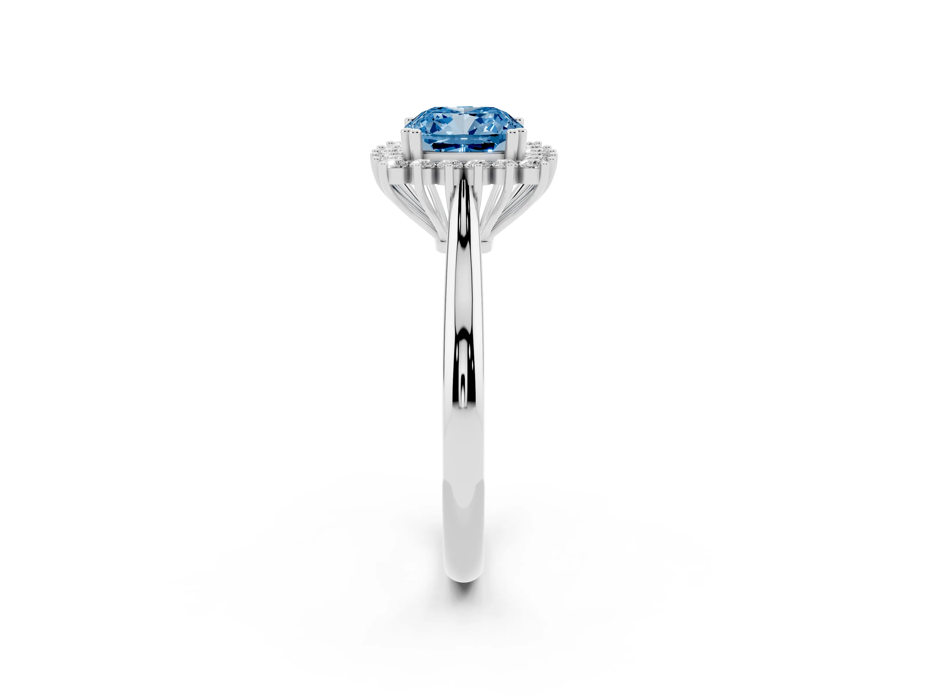 Fancy Blue Cushion Cut Diamond Halo Ring Set in Platinum with Plain Solitaire Band and Prong Setting