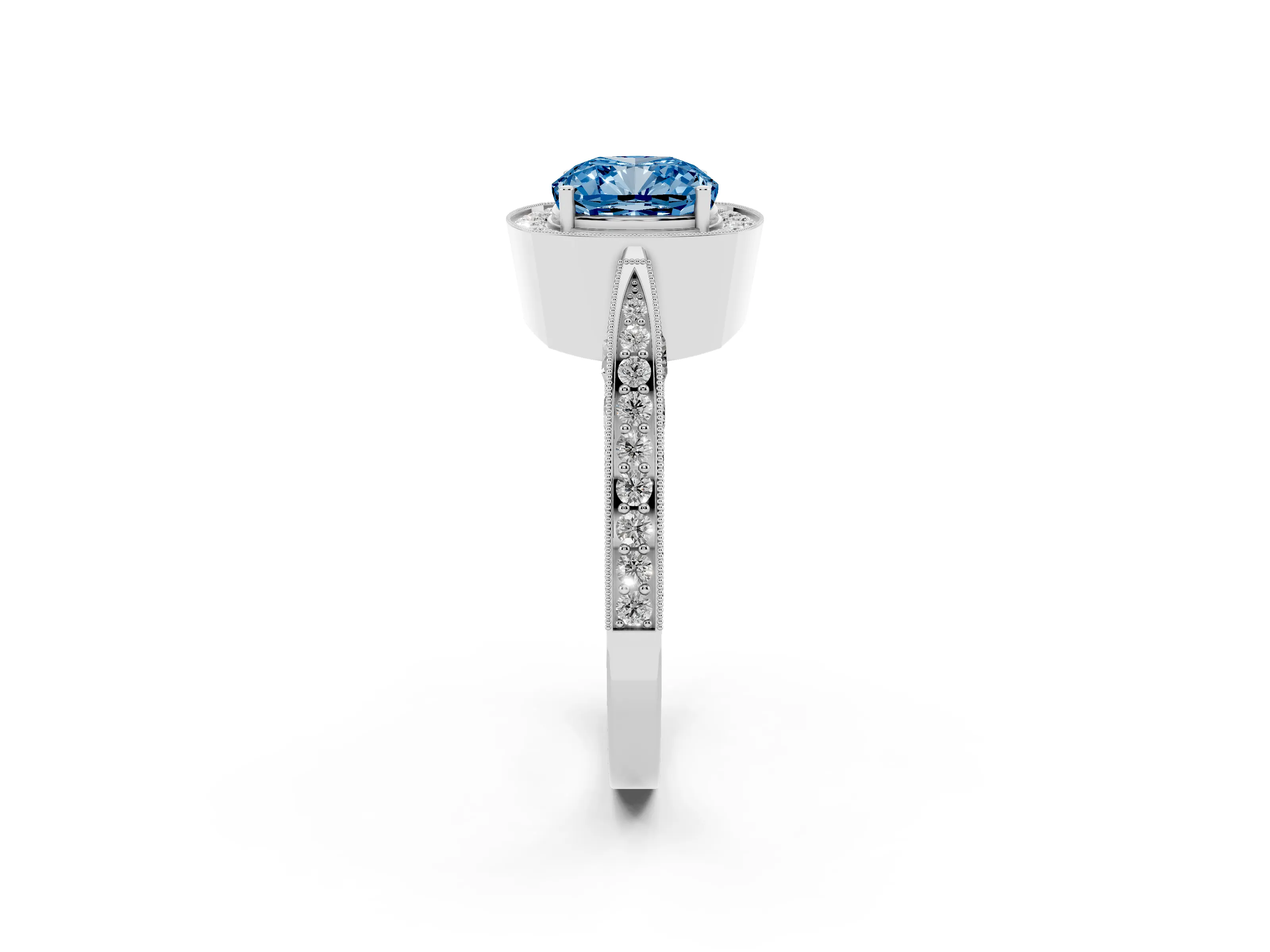 Fancy Blue Cushion Cut Diamond Halo Engagement Ring Set in White gold with Accent Split Shank Band