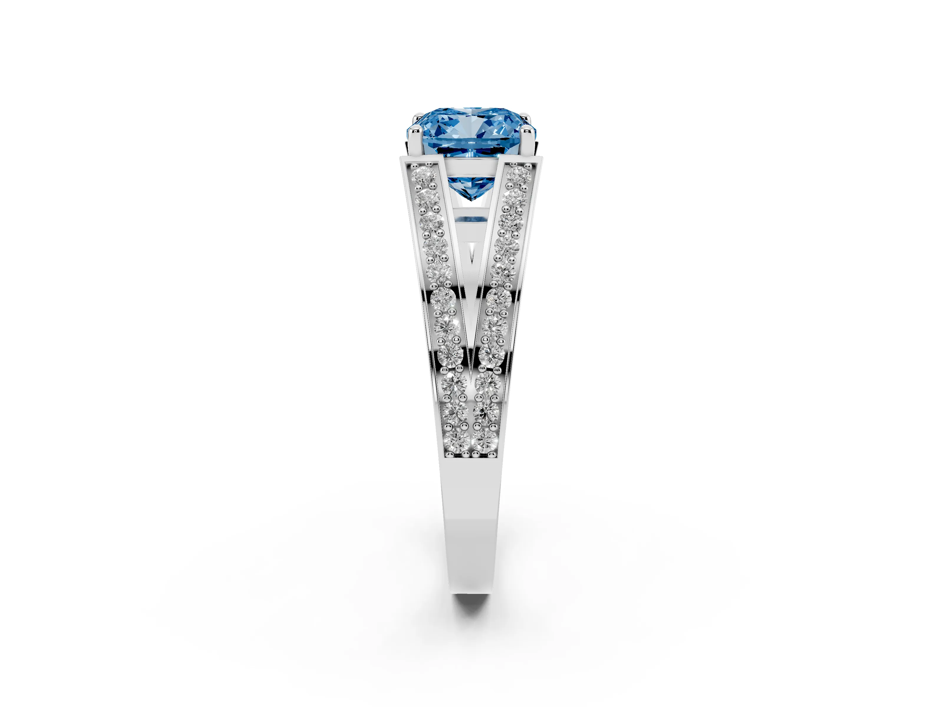 Fancy Blue Cushion Cut Diamond Split Shank Ring Set in White gold with Pavé Band and Prong Setting