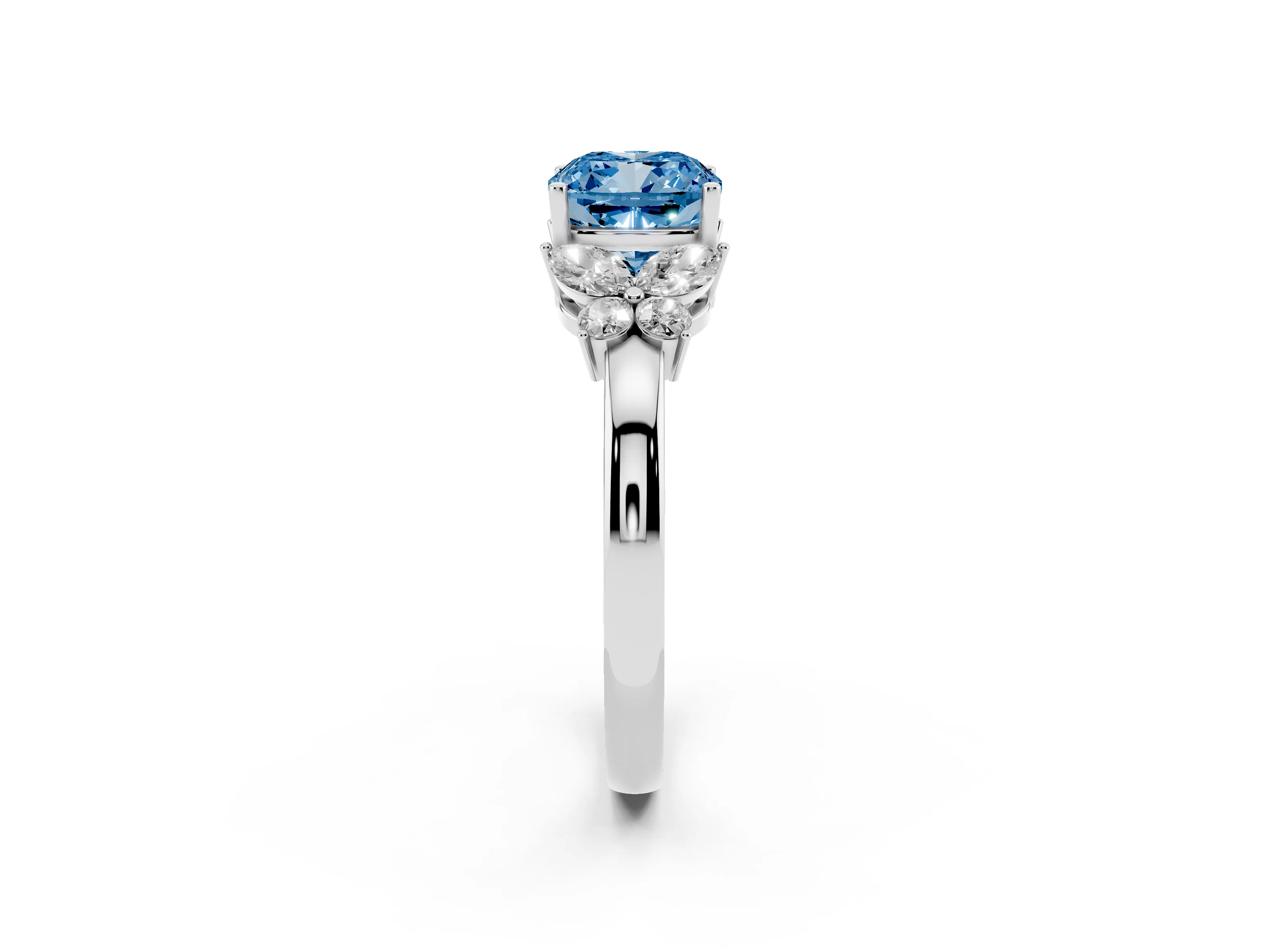 Fancy Blue Cushion Cut Diamond Solitaire Floral Ring Set in Platinum with Marquise Petals and Prong Setting