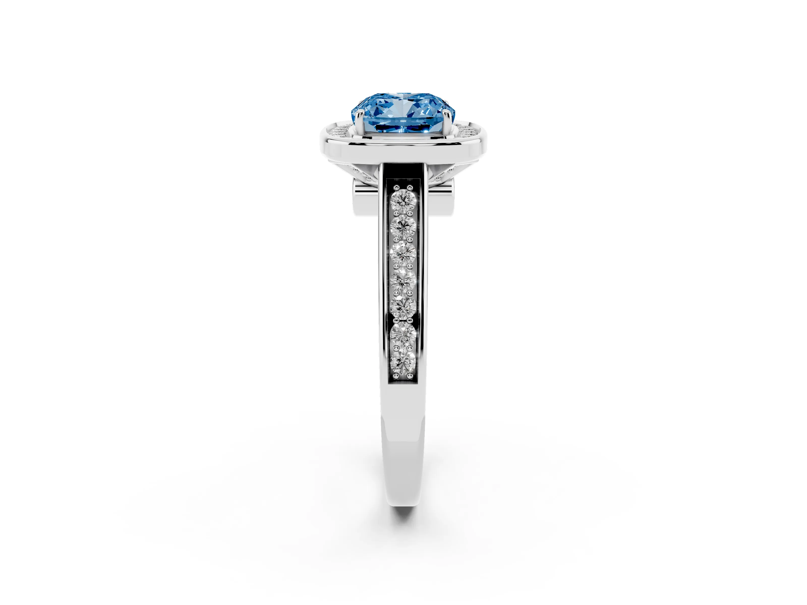 Fancy Blue Cushion Cut Diamond Halo Solitaire Ring Set in Silver with Pavé Band and Bezel Setting