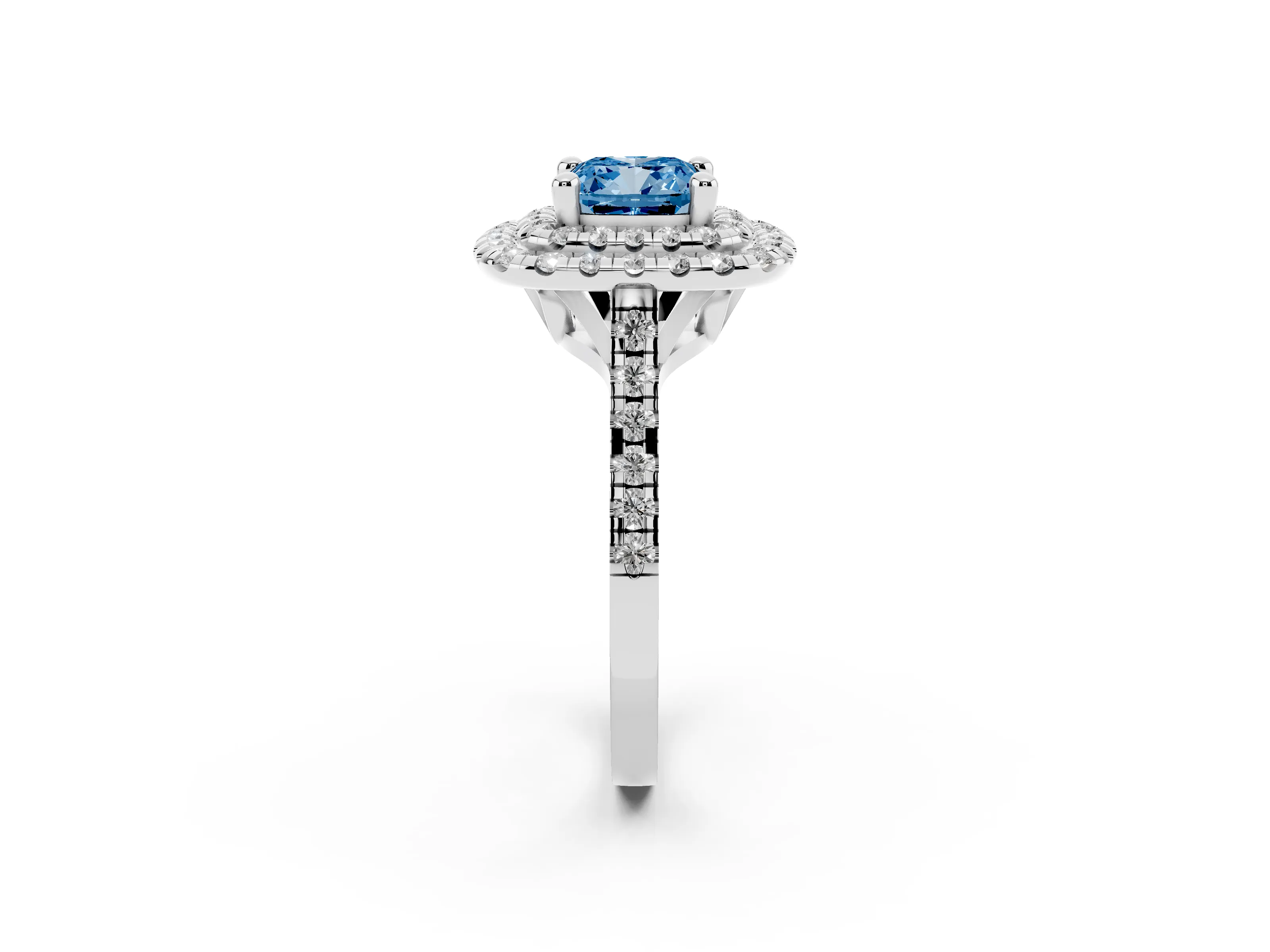 Fancy Blue Cushion Cut Diamond Double Halo Statement Ring Set in Platinum with Pavé Band