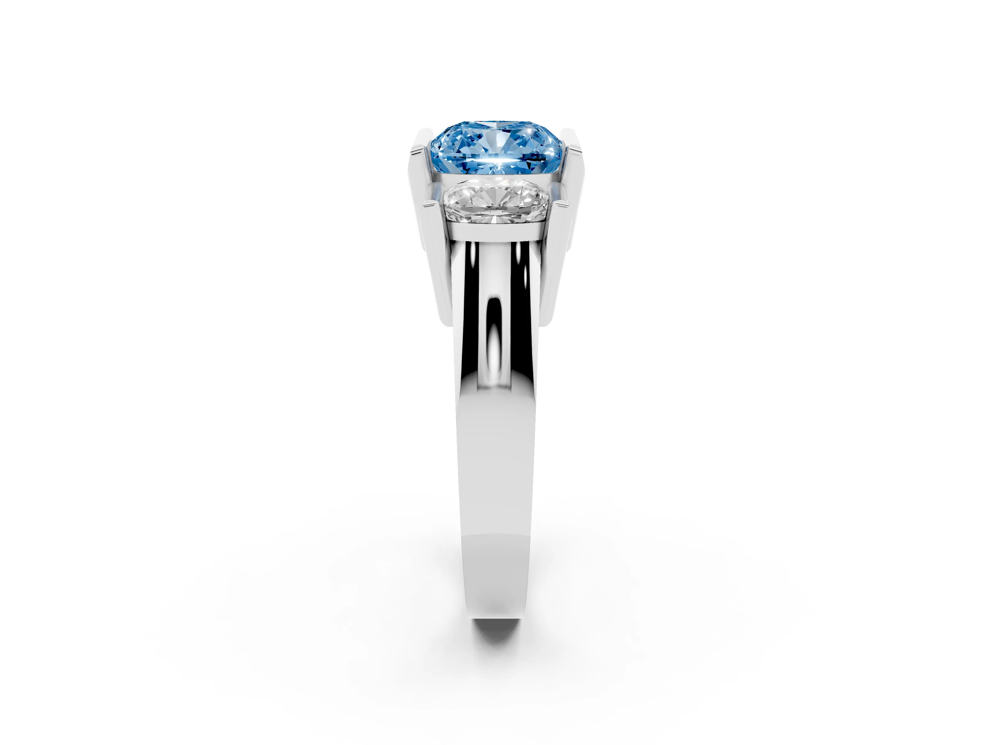 Fancy Blue Cushion Cut Diamond Three-Stone Channel Set Ring Set in Silver with Smooth Polished Band