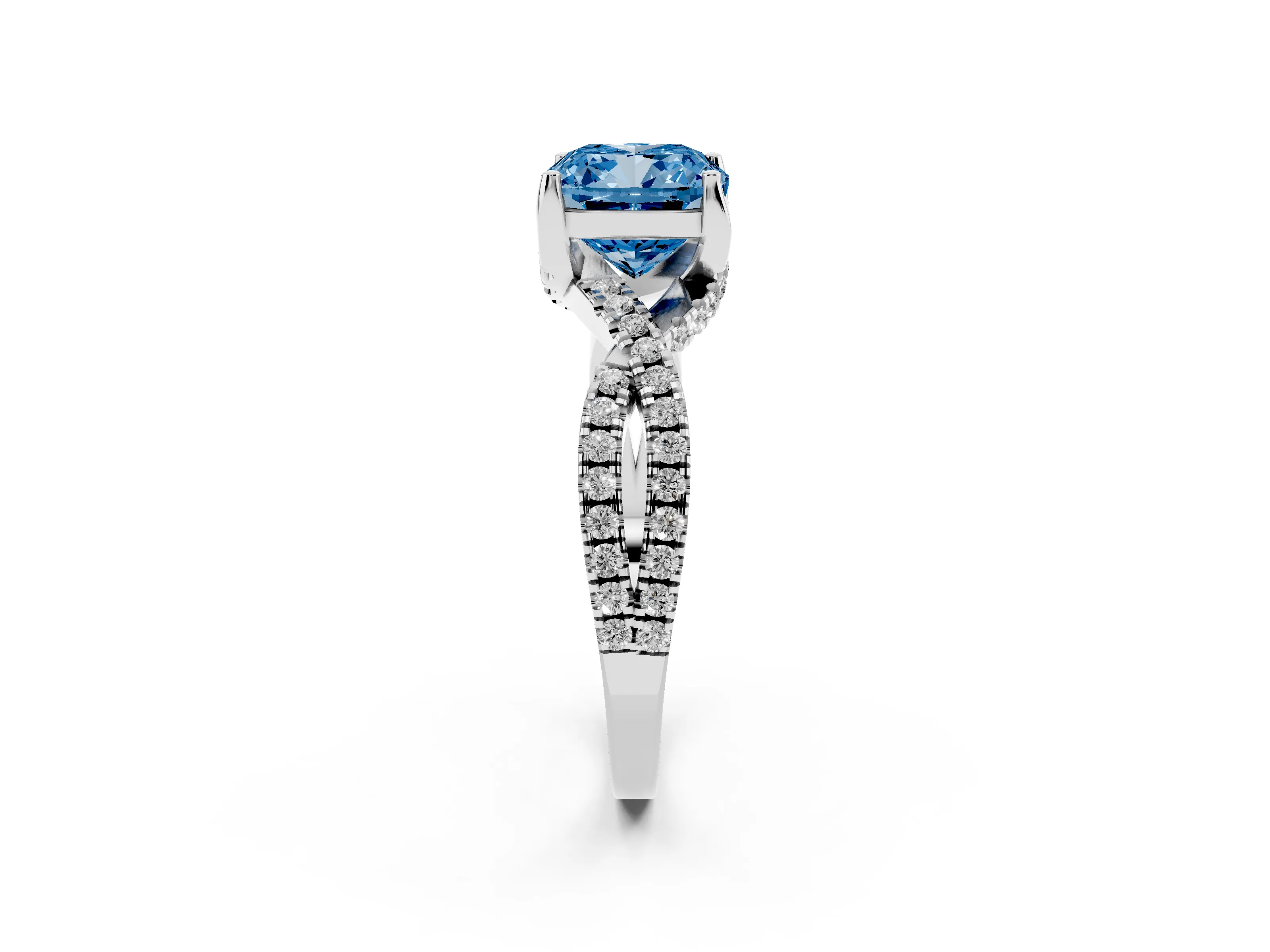 Fancy Blue Cushion Cut Diamond Twist Pavé Solitaire Engagement Ring Set in Silver with Prong Setting