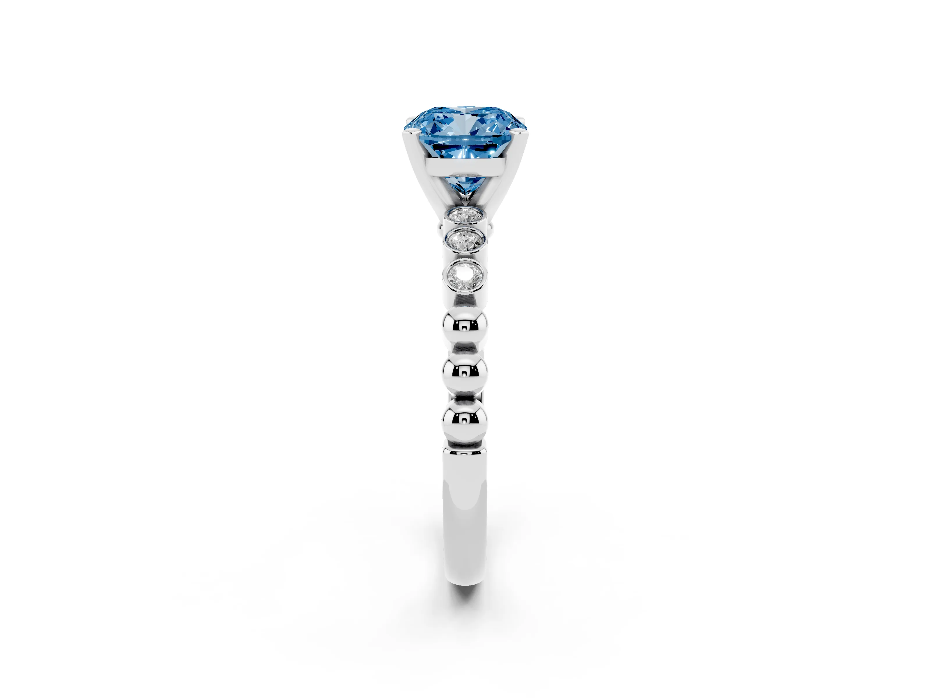 Fancy Blue Cushion Cut Diamond Solitaire Engagement Ring Set in White gold with Bezel Accents on Beaded Band