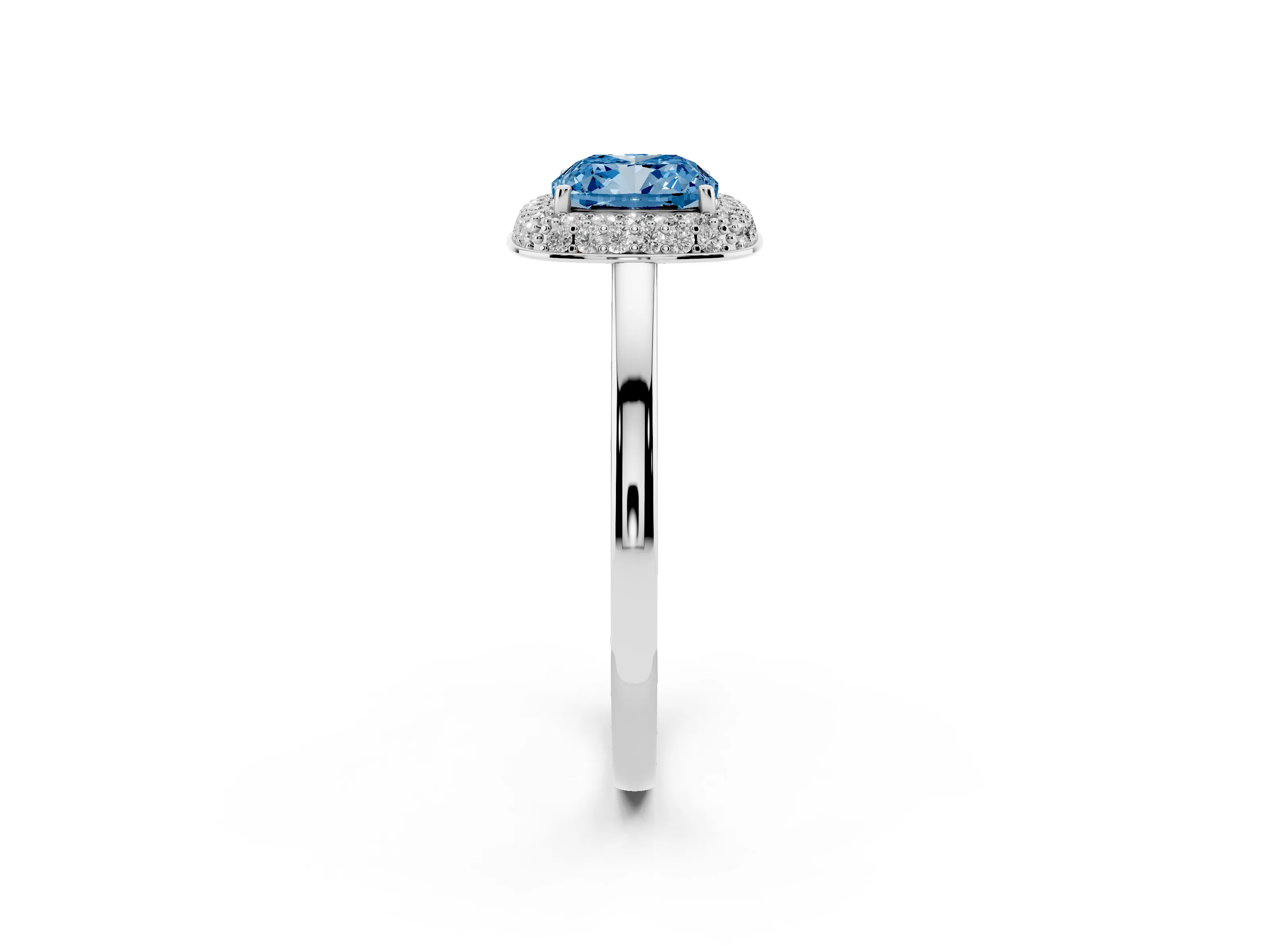 Fancy Blue Cushion Cut Diamond Halo Engagement Ring Set in Silver with Solitaire Band and Prong Setting