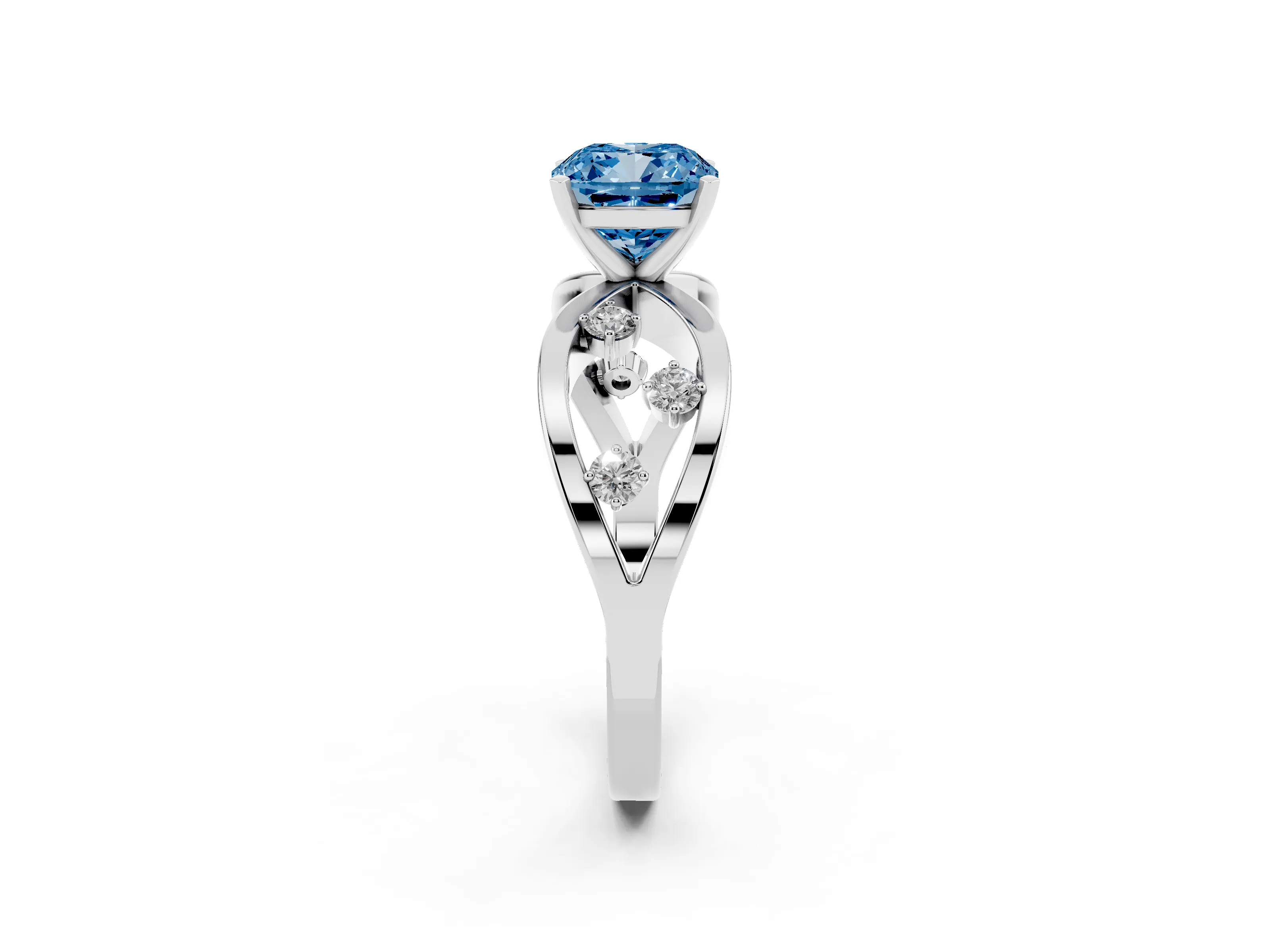 Fancy Blue Cushion Cut Diamond Solitaire Ring Set in Platinum with Side Stones on Criss-Cross Band and Prong Setting