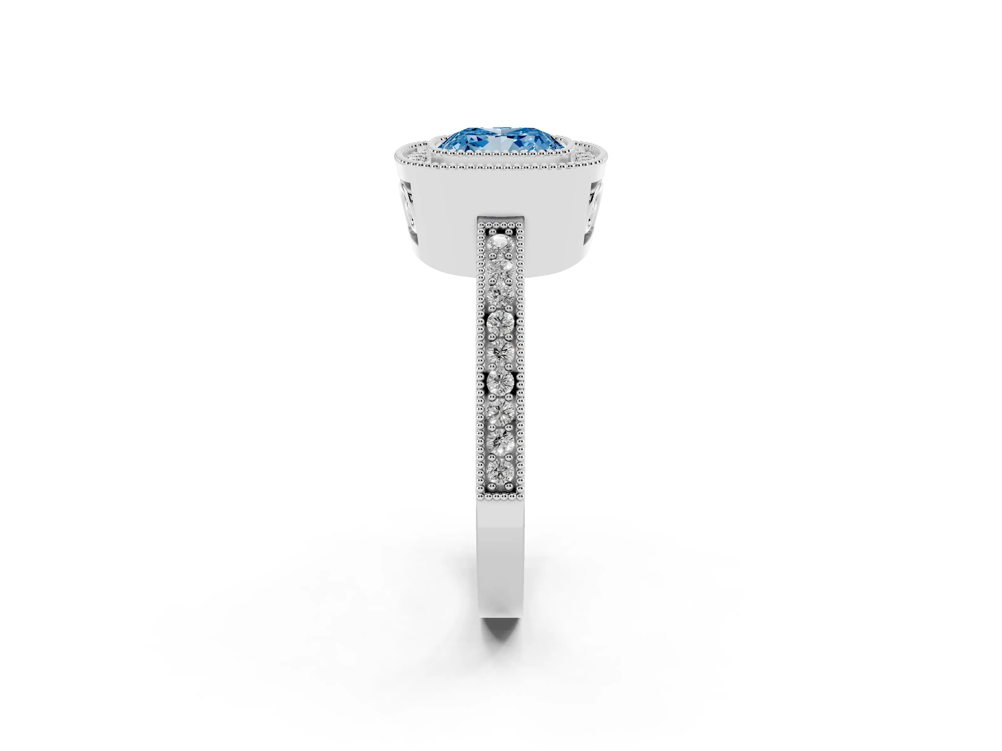 Fancy Blue Cushion Cut Diamond Round Halo Ring Set in Platinum with Pavé Band