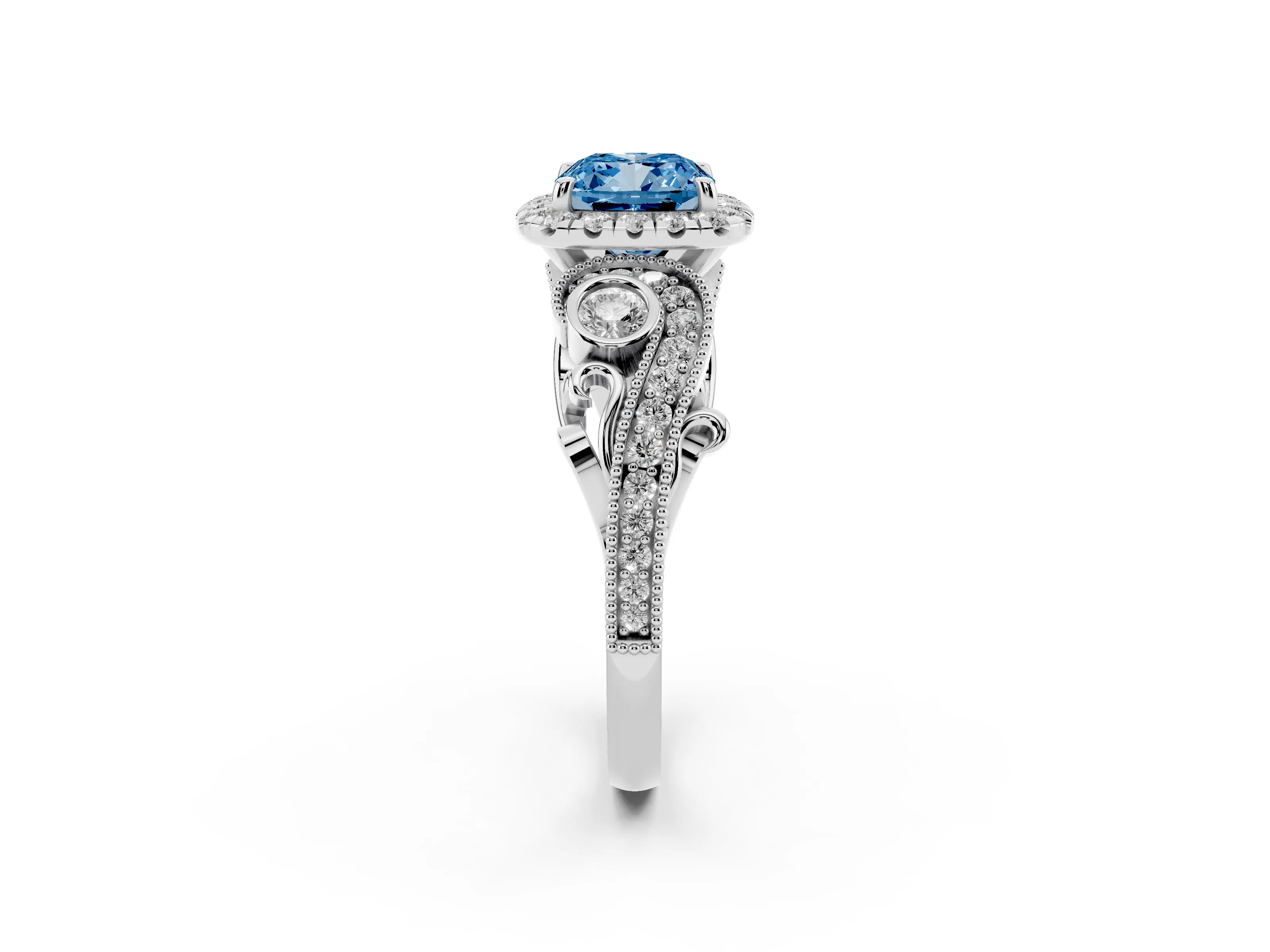 Fancy Blue Cushion Cut Diamond Halo Ring Set in Silver with Milgrain Pavé Band and Prong Setting