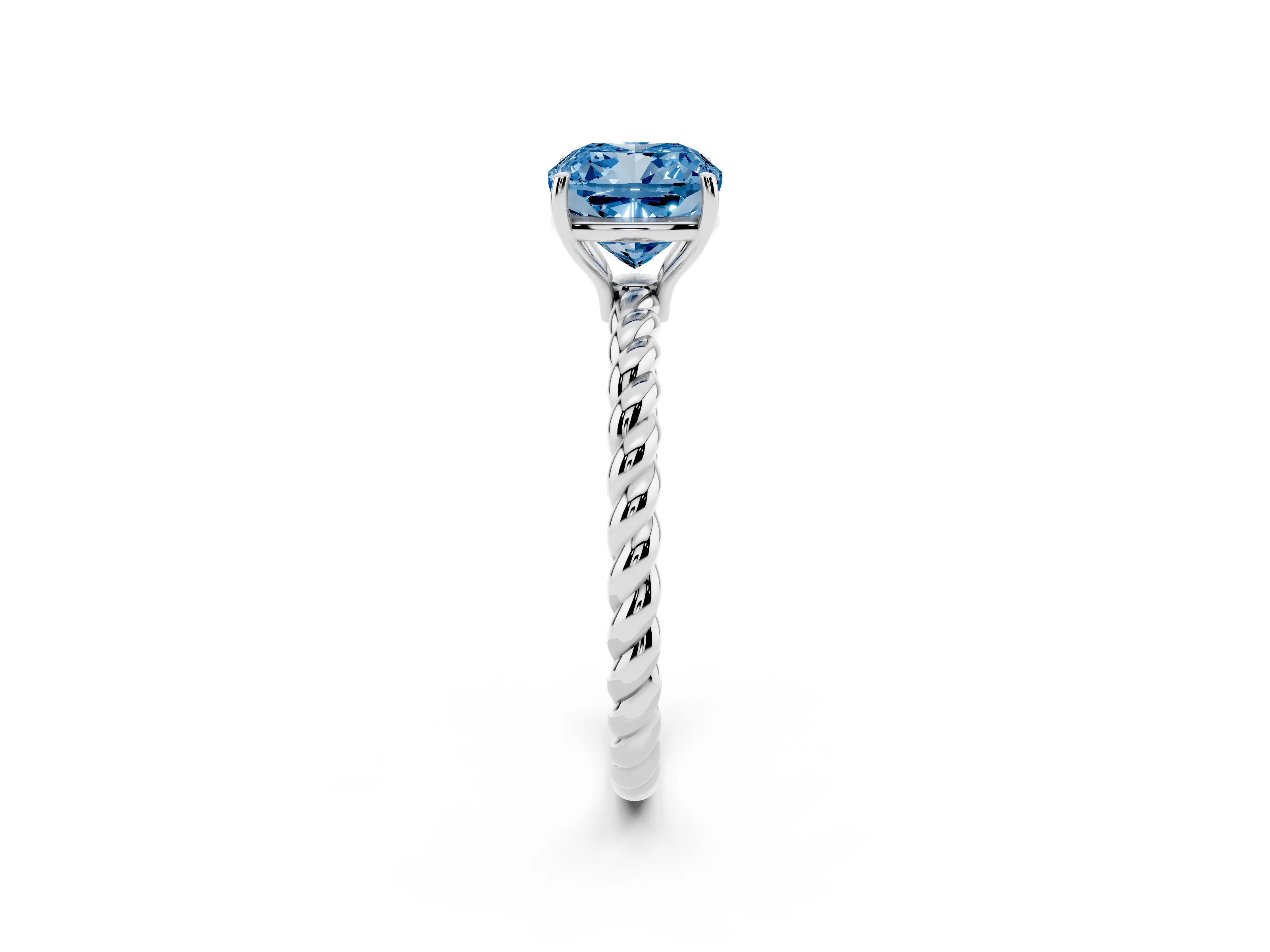 Fancy Blue Cushion Cut Diamond Solitaire Ring Set in Platinum with Twist Band and Prong Setting