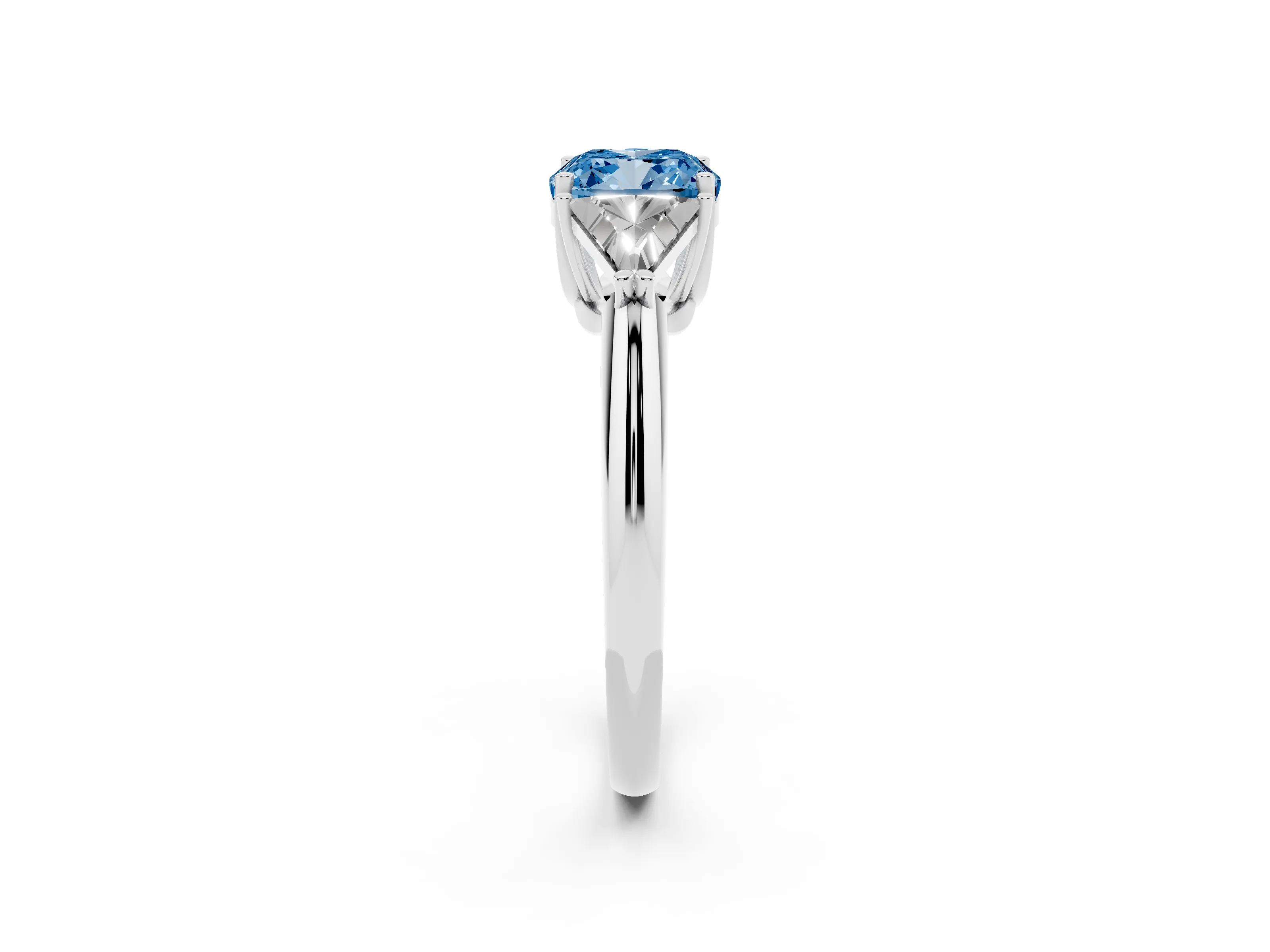 Fancy Blue Cushion Cut Diamond Three-Stone Engagement Ring Set in Silver with Trillion Side Stones