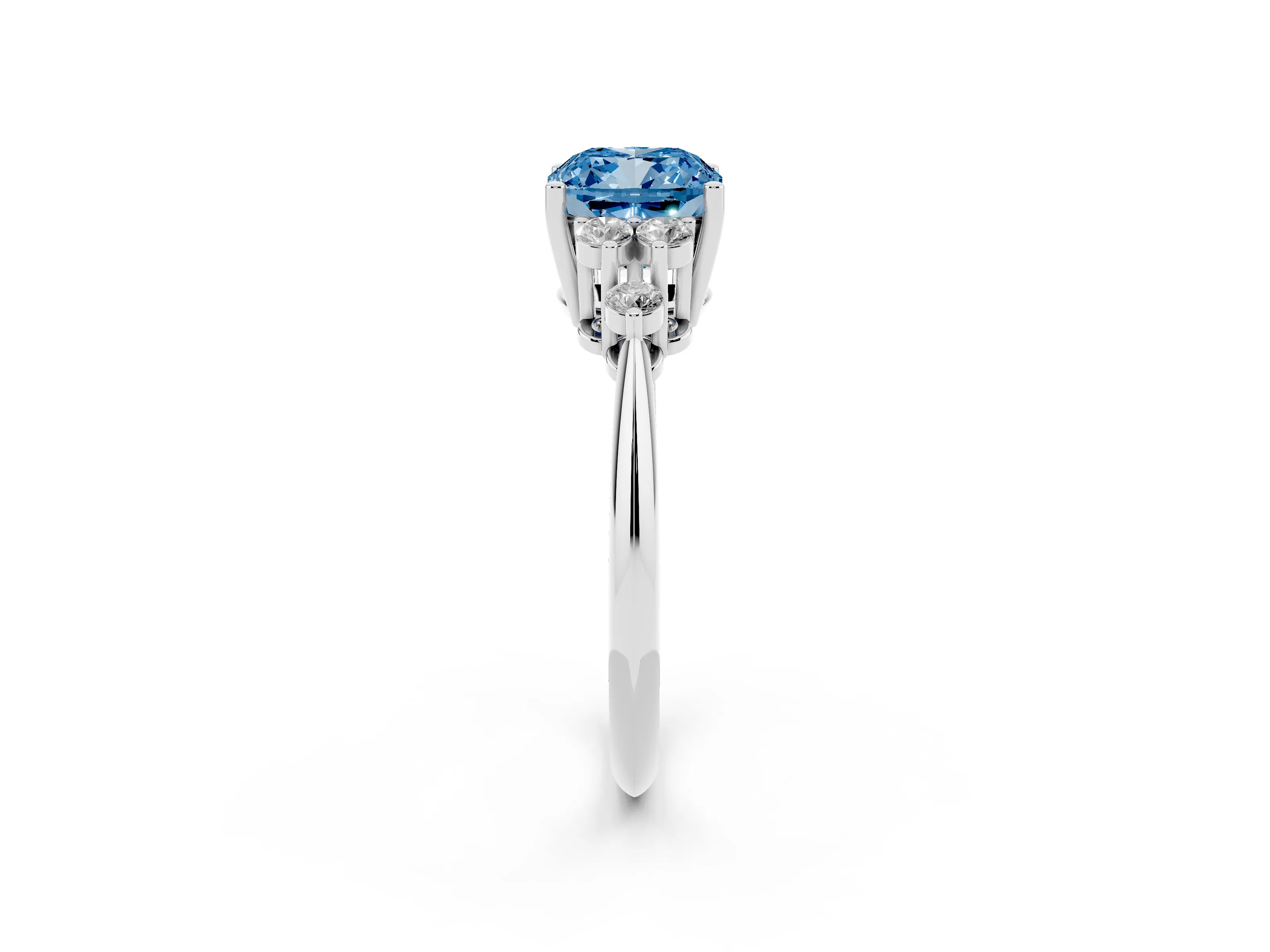Fancy Blue Cushion Cut Diamond Cluster Ring Set in White gold with Plain Band and Prong Setting