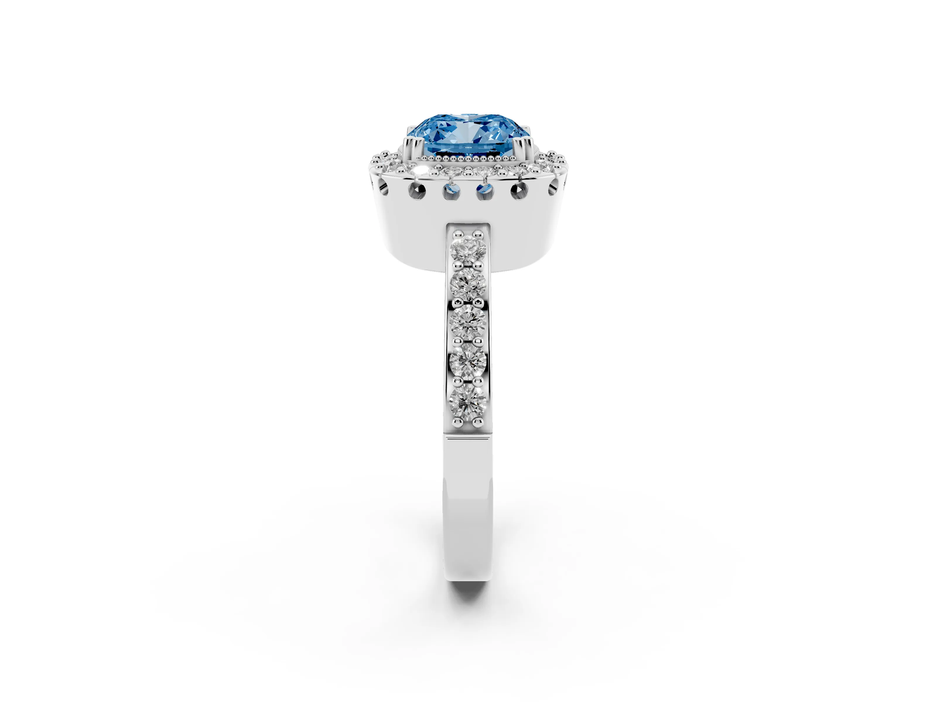 Fancy Blue Cushion Cut Diamond Halo Ring Set in White gold with Pavé Shank and Prong Setting