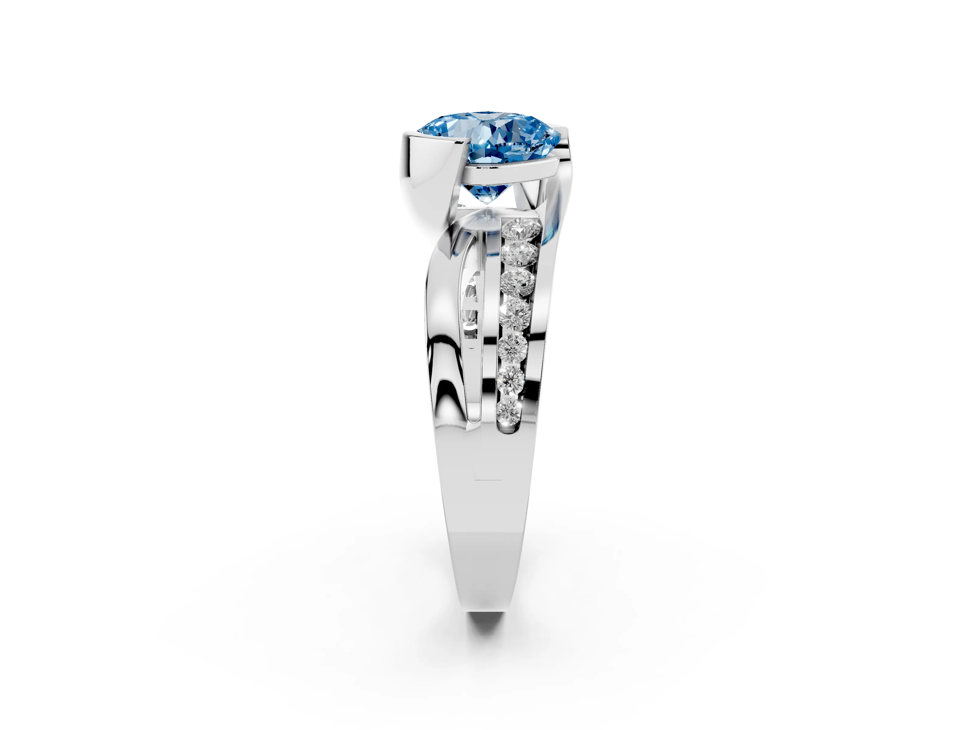 Fancy Blue Cushion Cut Diamond Solitaire Ring Set in Silver with Channel Set Split Shank and Tension Prongs