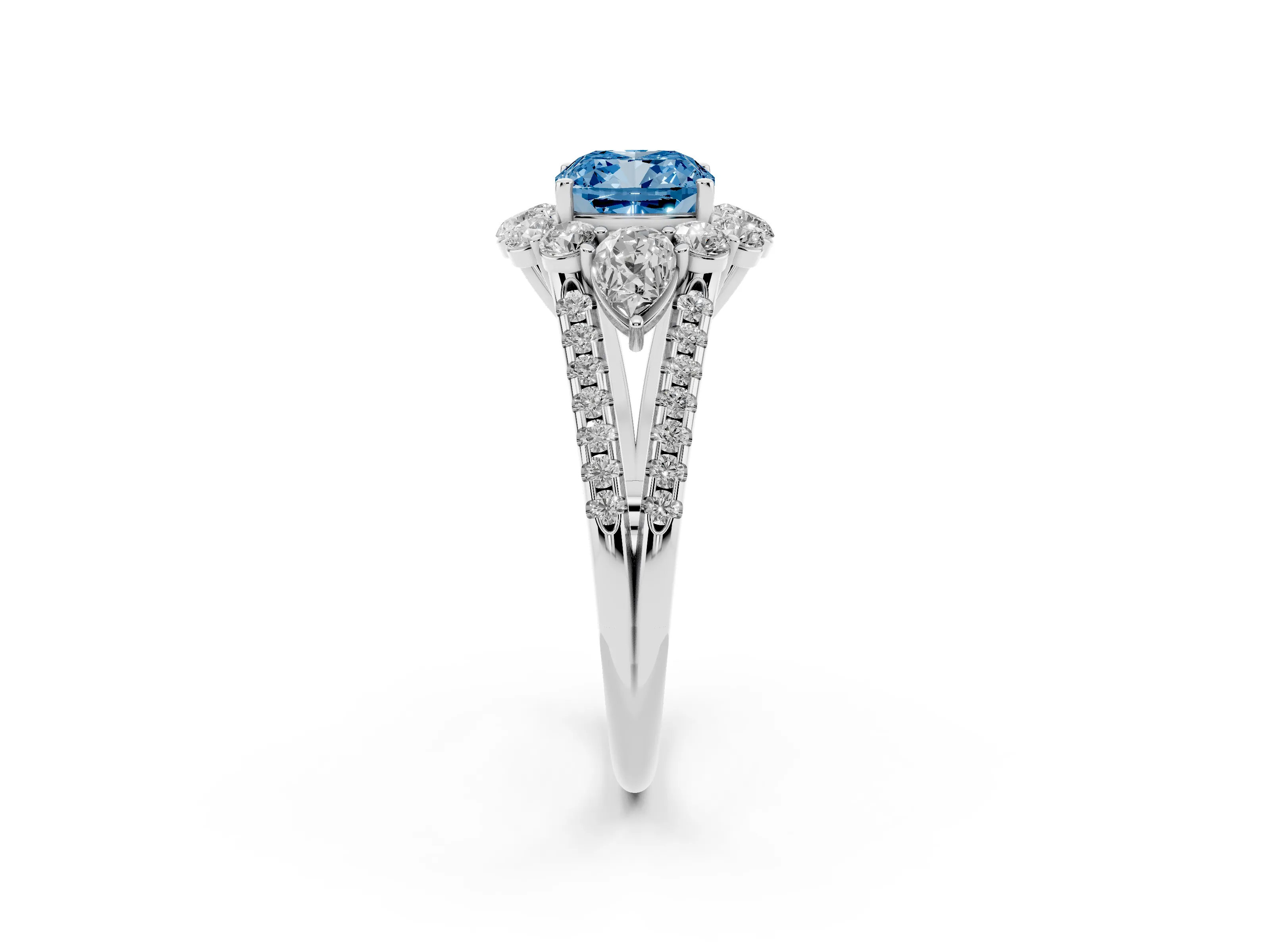 Fancy Blue Cushion Cut Diamond Halo Split Shank Engagement Ring Set in Platinum with Prong-Held Center Stone