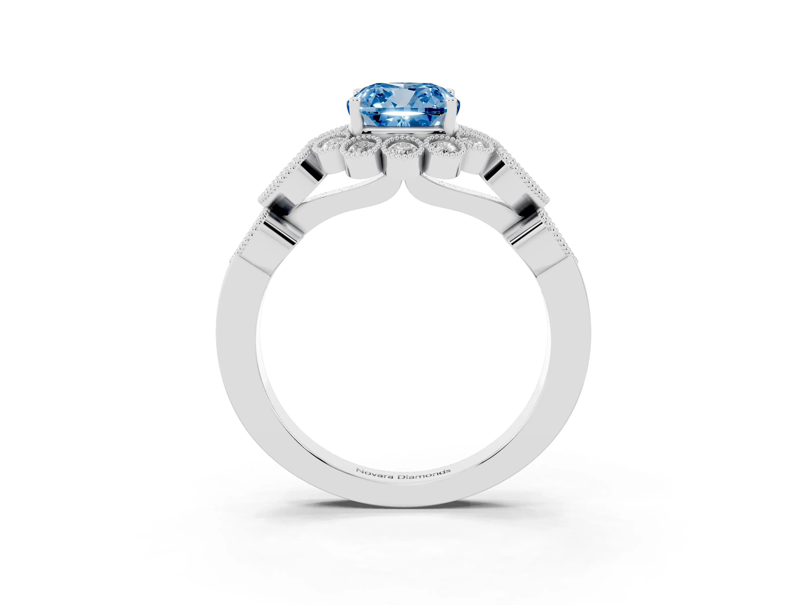 Fancy Blue Cushion Cut Diamond Solitaire Ring Set in Silver with Milgrain Pavé Heart Band