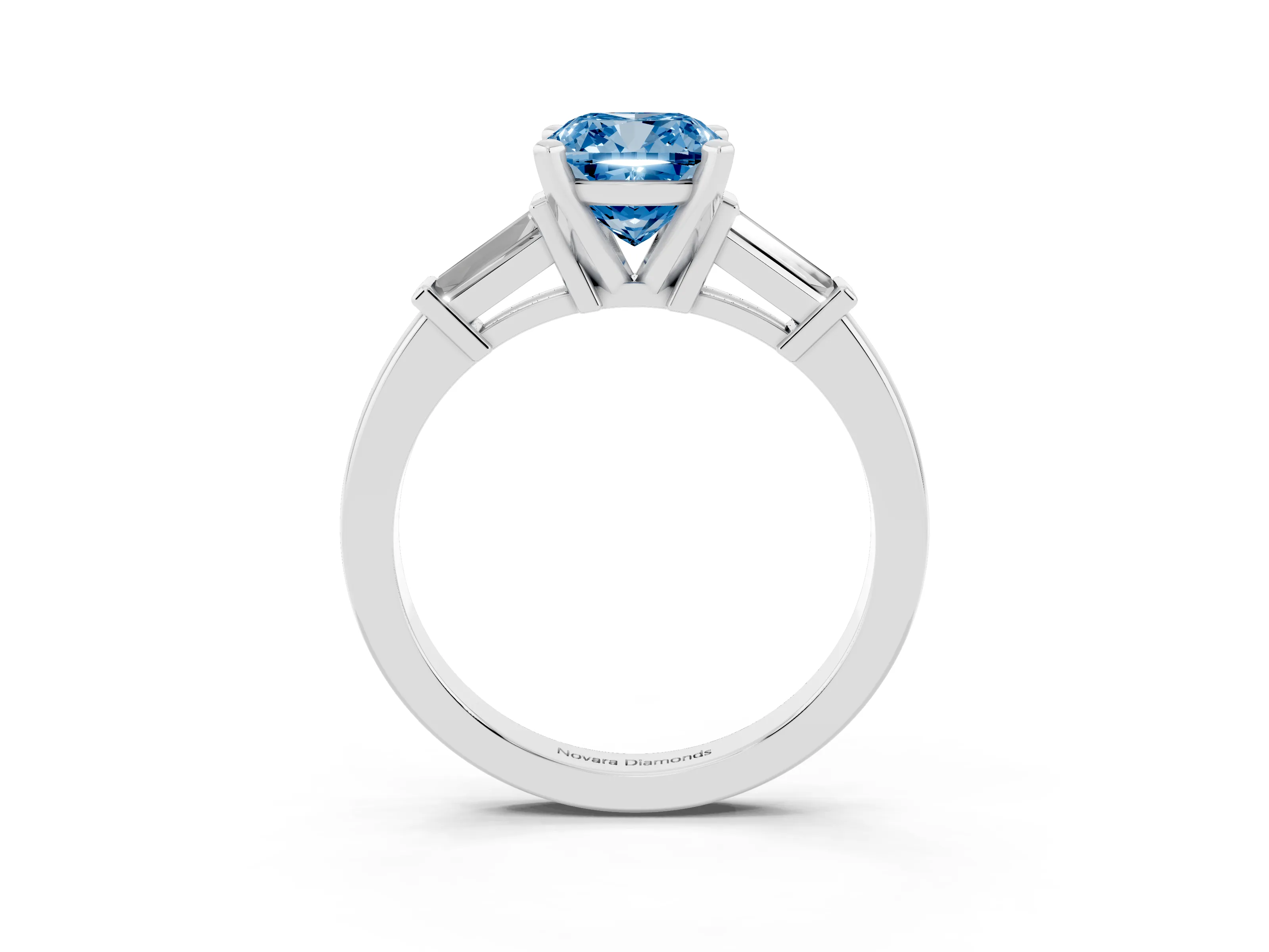 Fancy Blue Cushion Cut Diamond Solitaire Ring Set in Platinum with Tapered Baguette Accents and Prong Setting