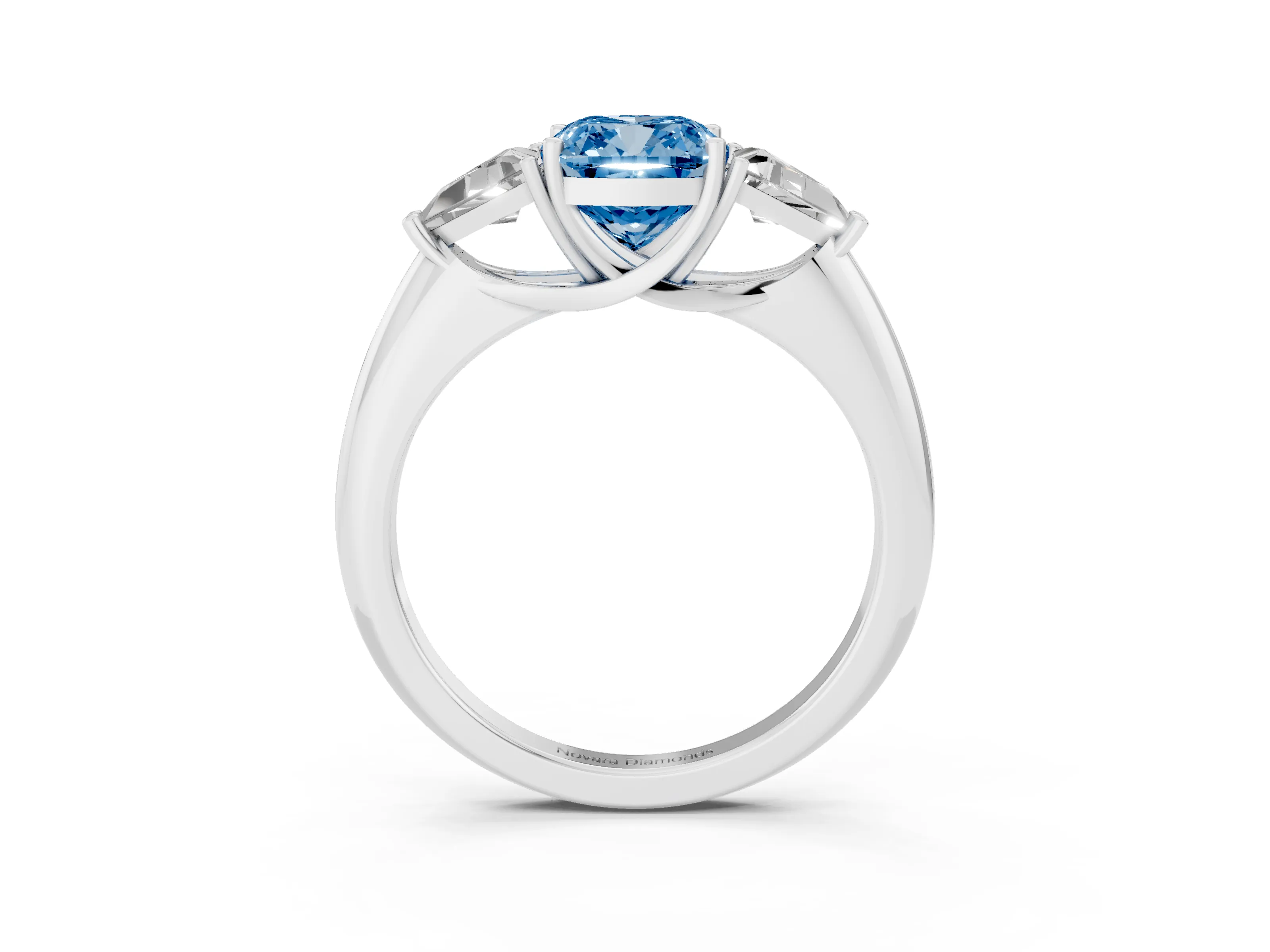 Fancy Blue Cushion Cut Diamond Three-Stone Engagement Ring Set in Silver with Trillion Side Stones