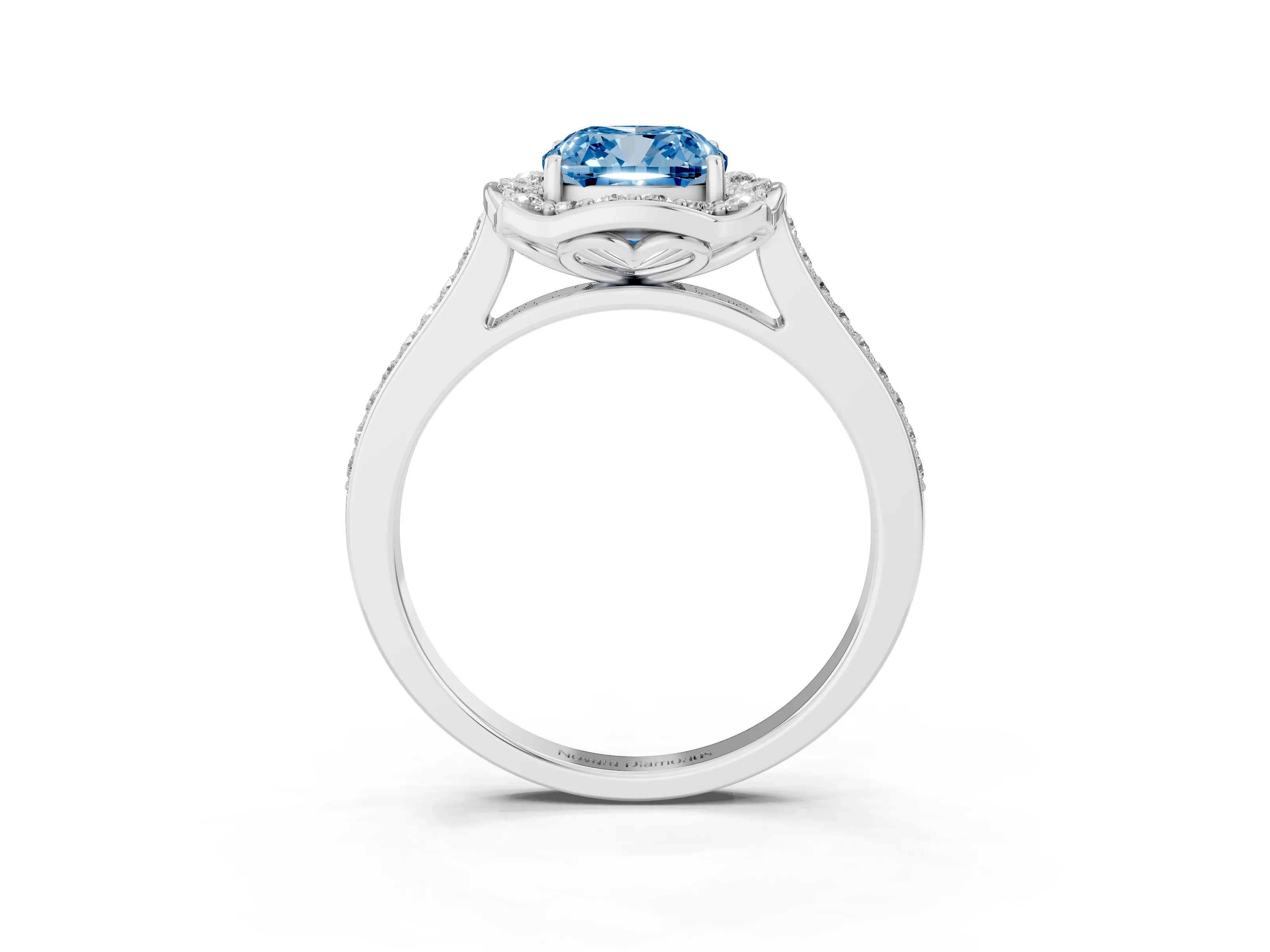 Fancy Blue Cushion Cut Diamond Halo Ring Set in Platinum with Pavé-Lined Shoulders and Prong Setting