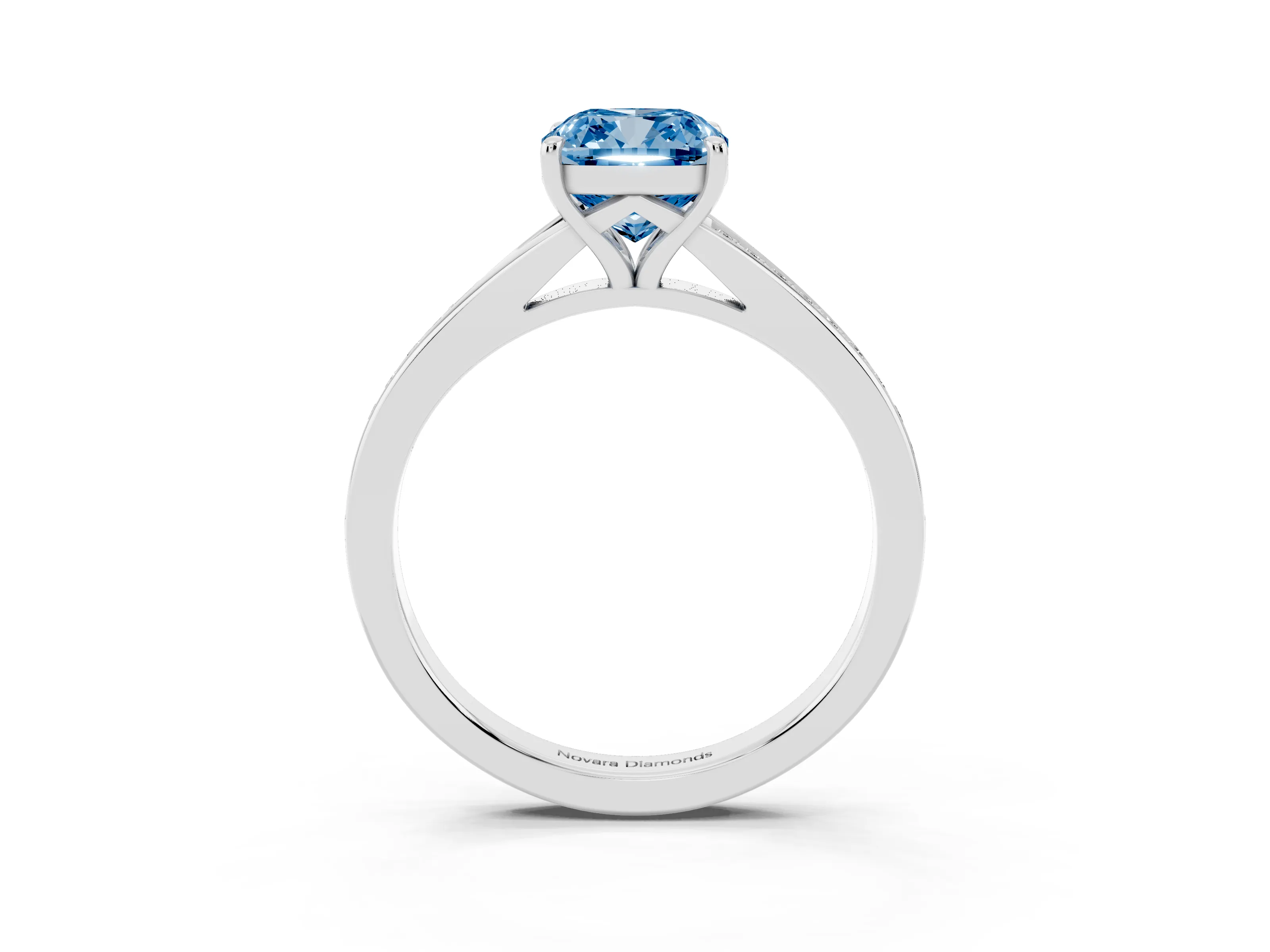 Fancy Blue Cushion Cut Diamond Solitaire Ring Set in Silver with Pavé Accent Band and Classic Prong Setting