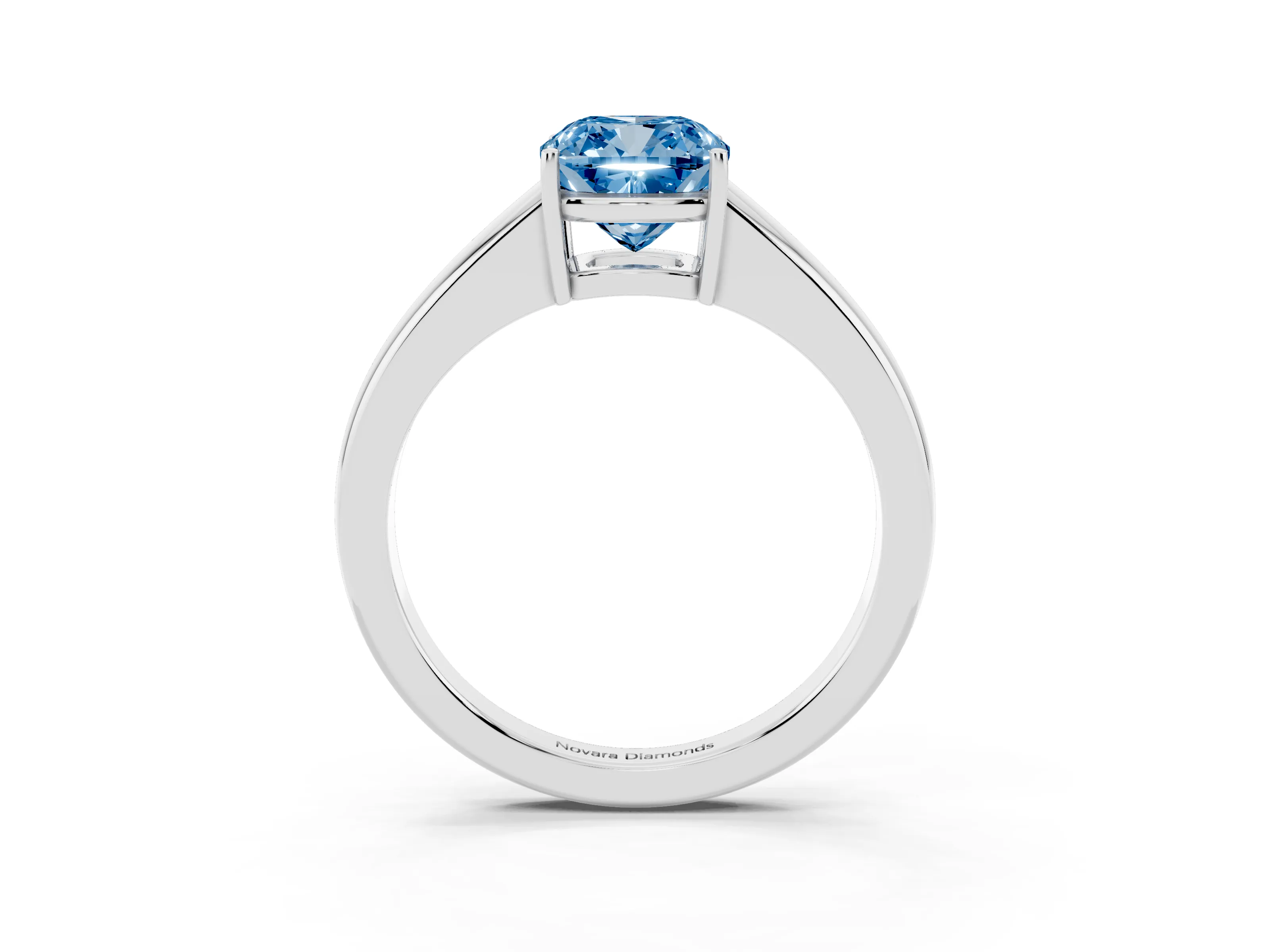 Fancy Blue Cushion Cut Diamond Solitaire Ring Set in White gold with Tapered Band and Prong Setting