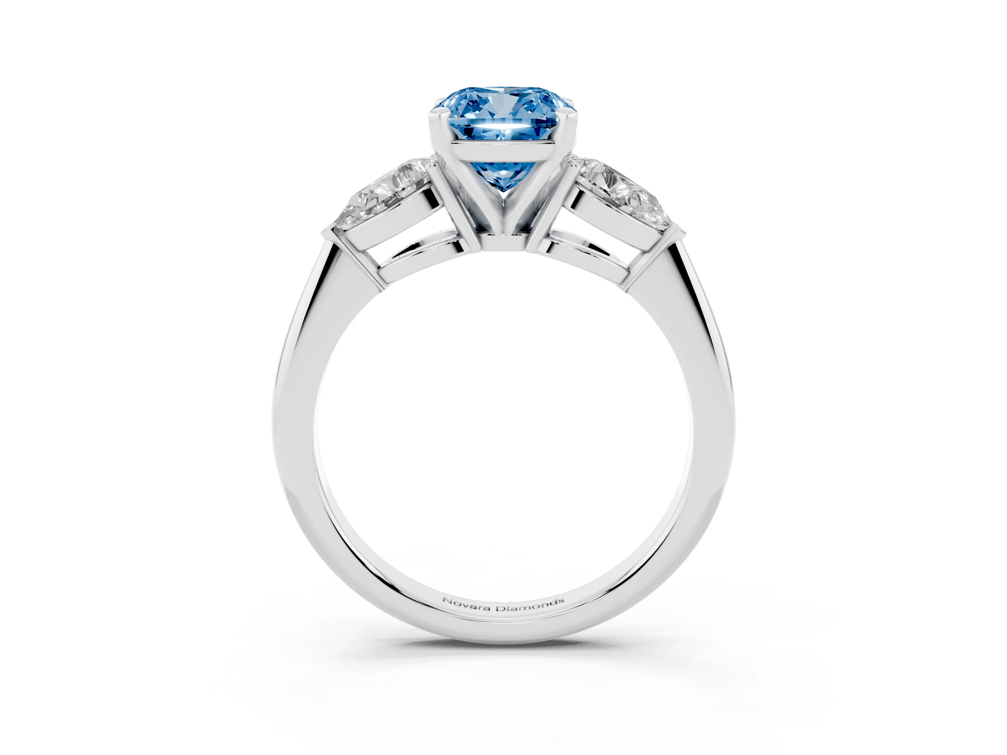 Fancy Blue Three-Stone Cushion Cut Diamond Ring Set in Silver with Pear Side Stones and Prong Setting