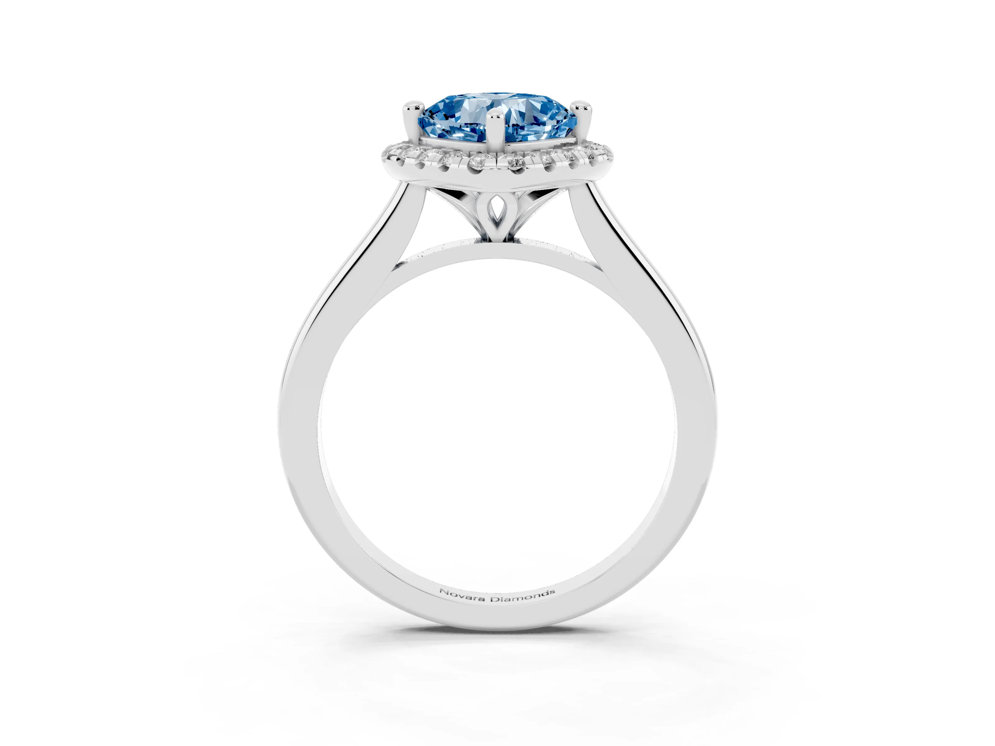 Fancy Blue Cushion Cut Diamond Halo Engagement Ring Set in Silver with Pavé Band and Rising Shoulders