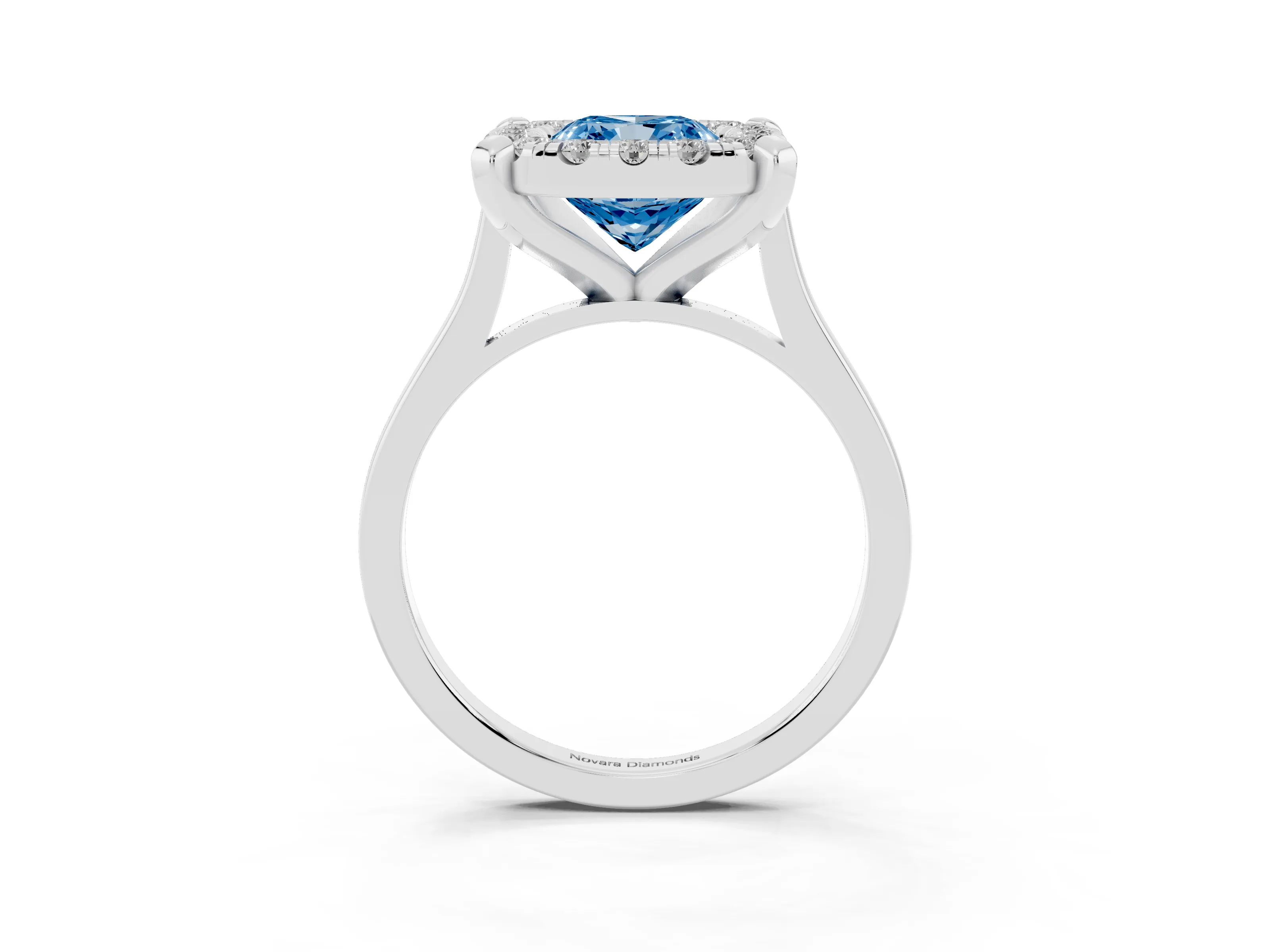 Fancy Blue Cushion Cut Diamond Cluster Halo Solitaire Ring Set in Silver with Prong Setting