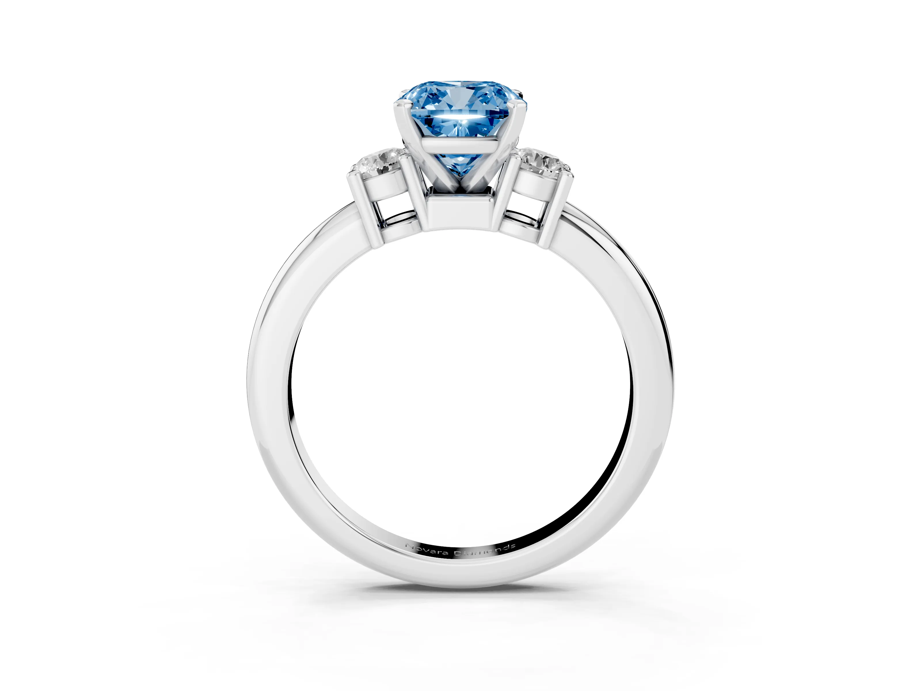 Fancy Blue Three-Stone Cushion Cut Diamond Ring Set in Silver with Prong Setting and Plain Band