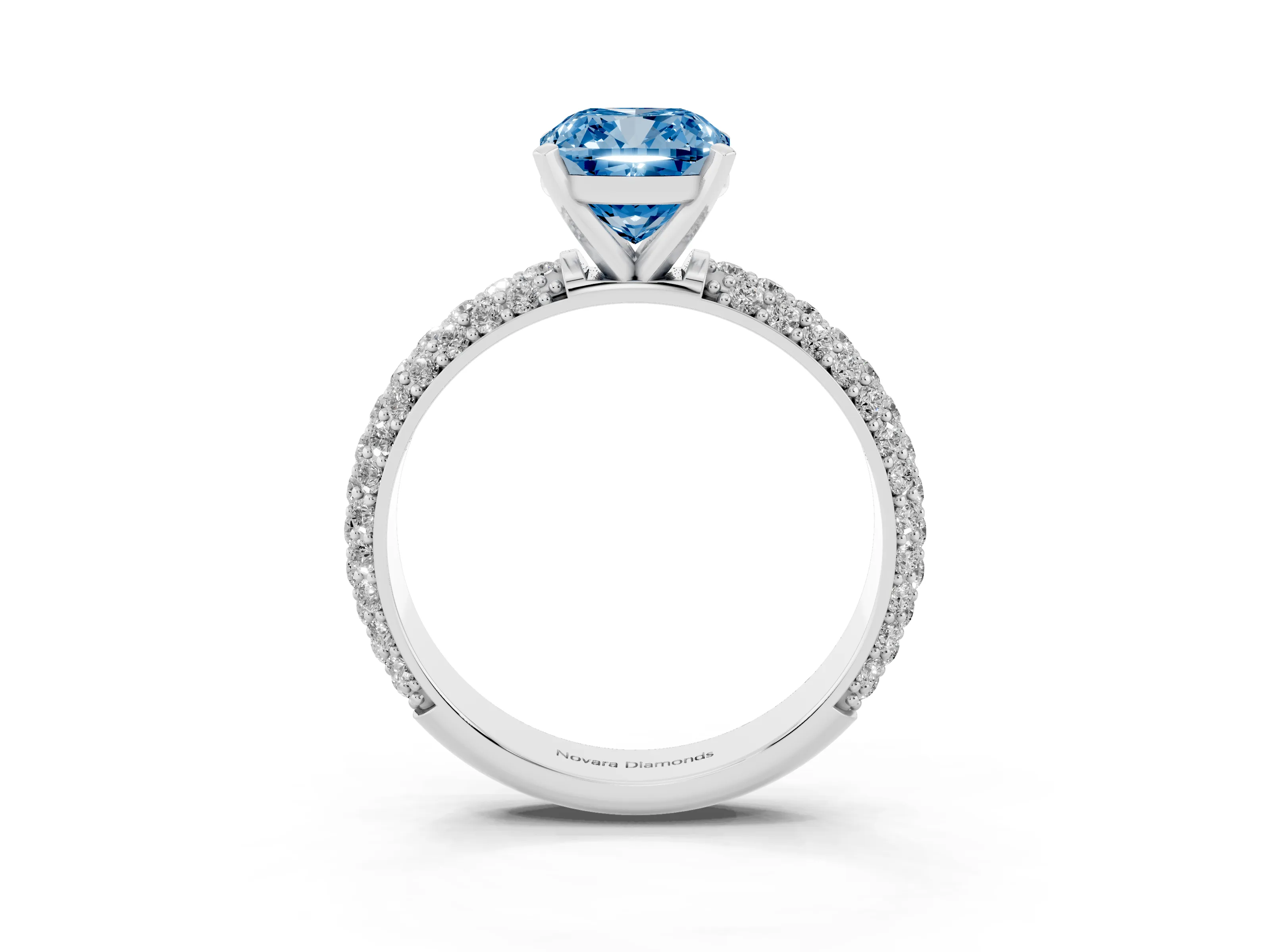 Fancy Blue Cushion Cut Diamond Solitaire Ring Set in White gold with Prong Setting and Pavé-Set Band