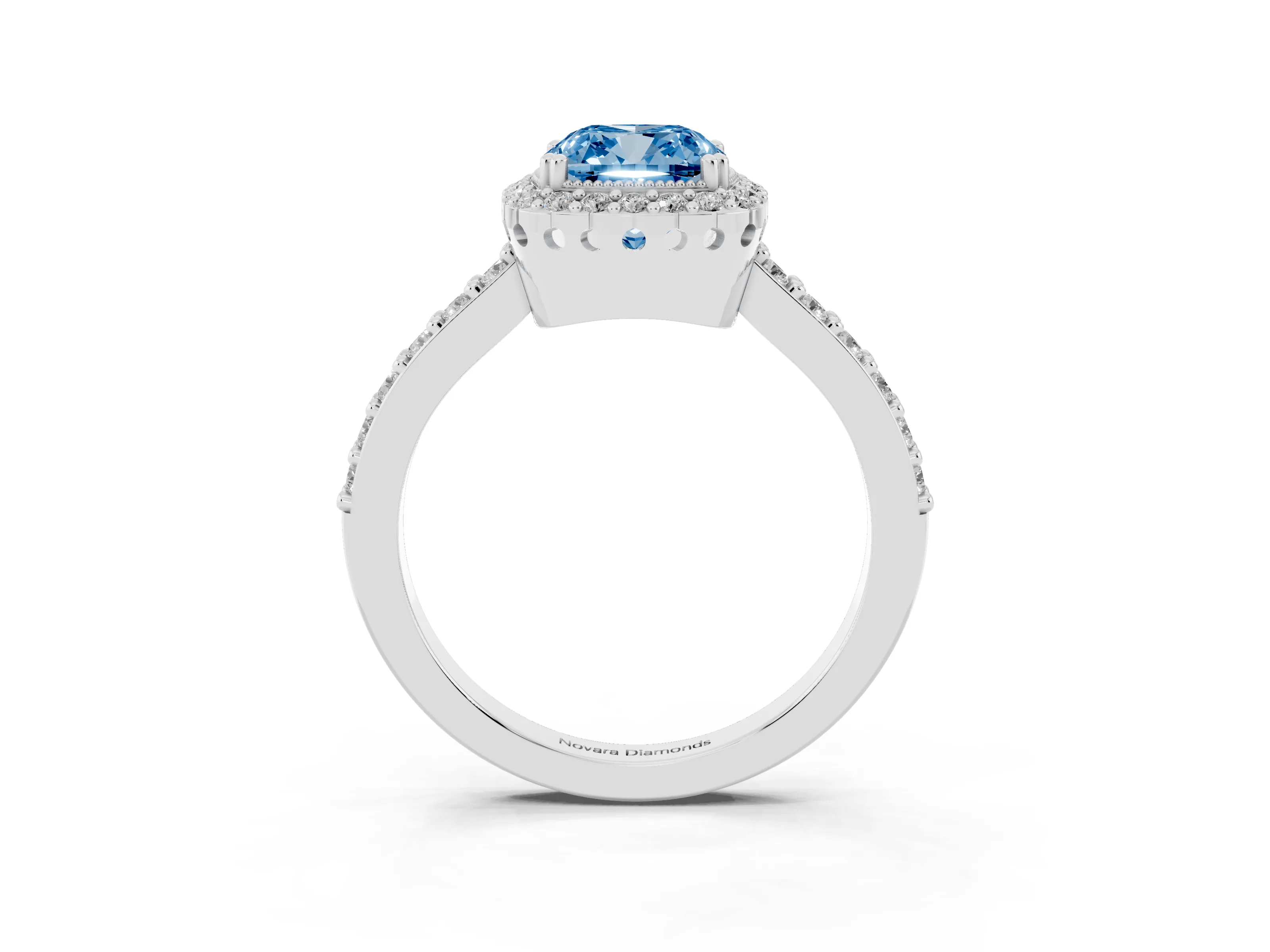 Fancy Blue Cushion Cut Diamond Halo Engagement Ring Set in Platinum with Milgrain Detail and Pavé Band