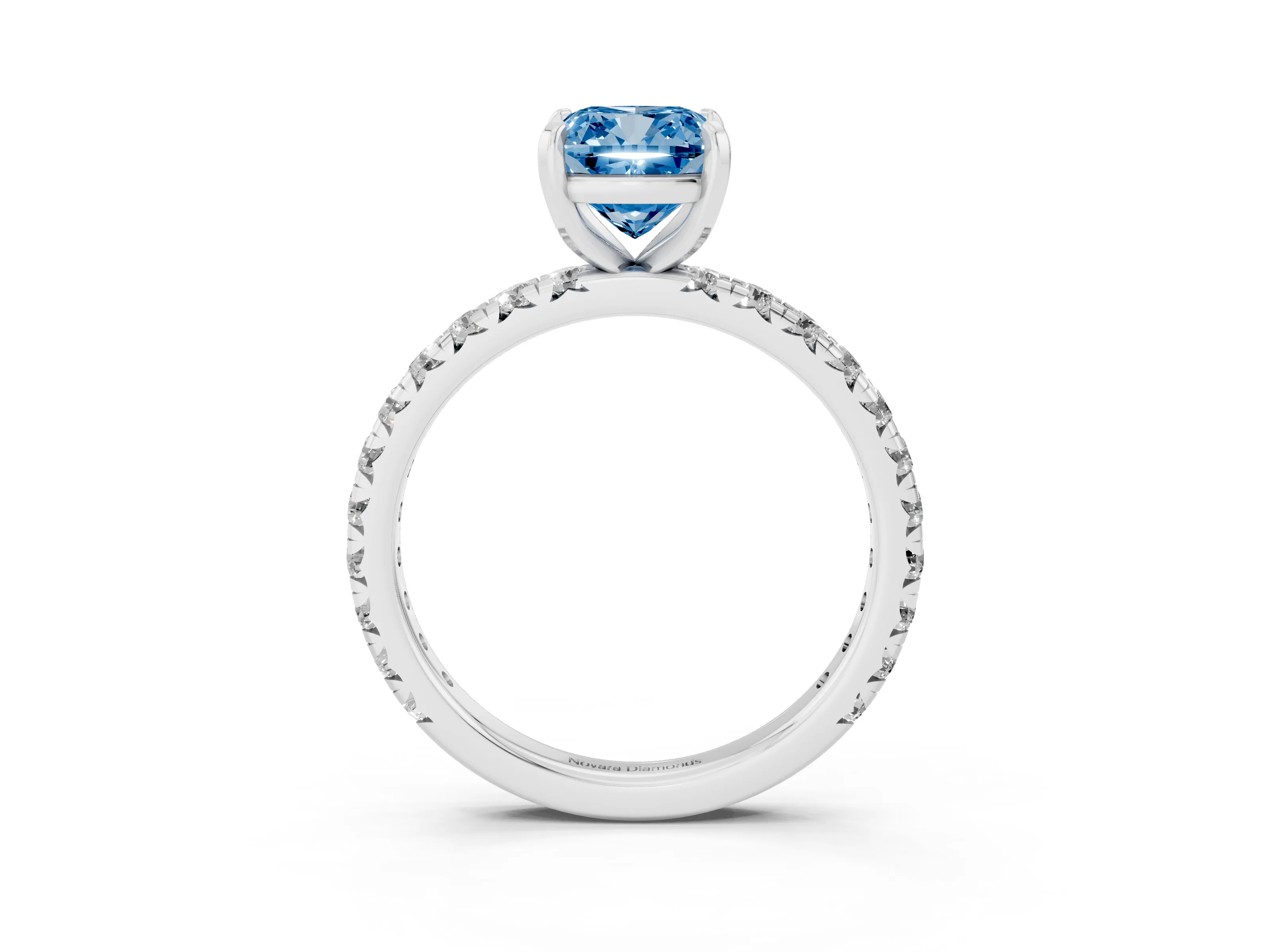 Fancy Blue Cushion Cut Diamond Pavé Solitaire Ring Set in Platinum with Round Band and Prong Setting