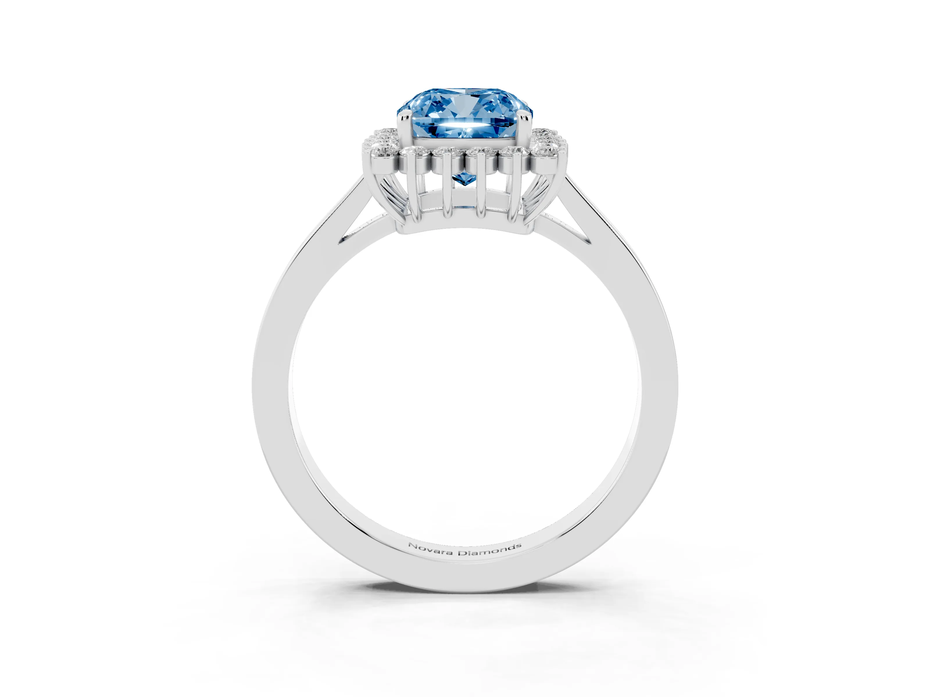 Fancy Blue Cushion Cut Diamond Halo Ring Set in White gold with Round Halo and Smooth Solitaire Band