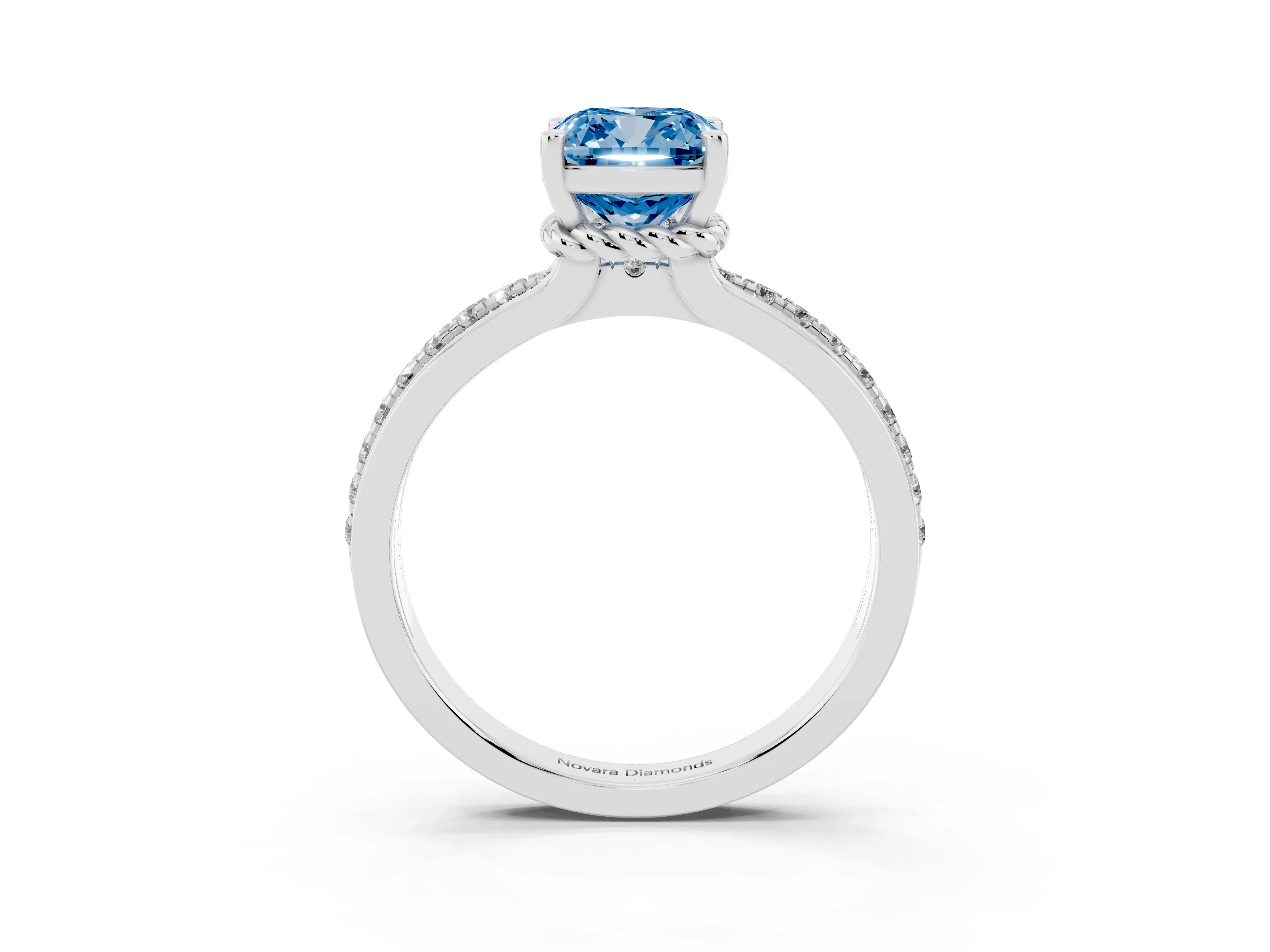 Fancy Blue Cushion Cut Diamond Solitaire Ring Set in Platinum with Channel Set Band and Prong Setting