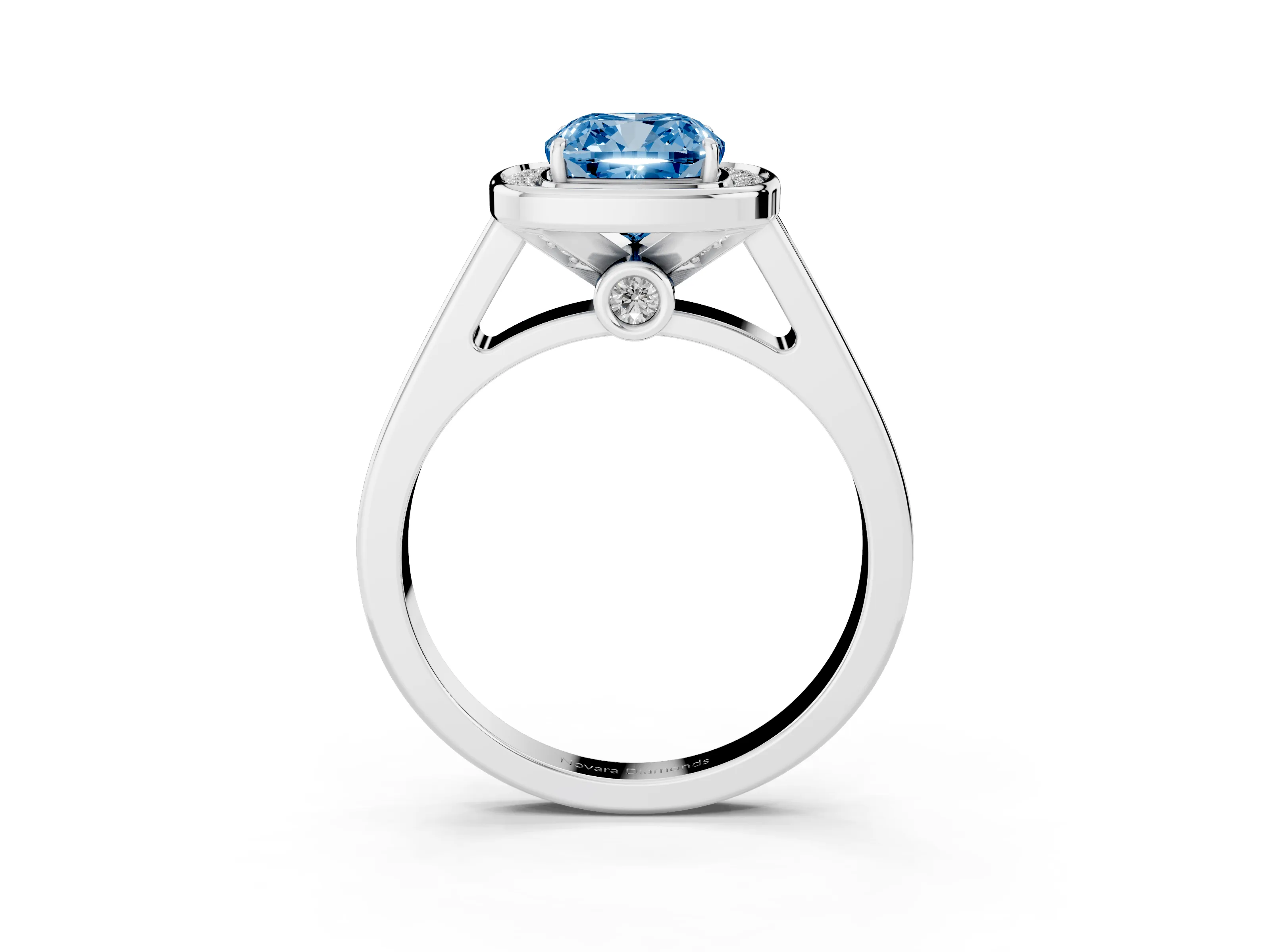 Fancy Blue Cushion Cut Diamond Halo Solitaire Ring Set in Silver with Pavé Band and Bezel Setting