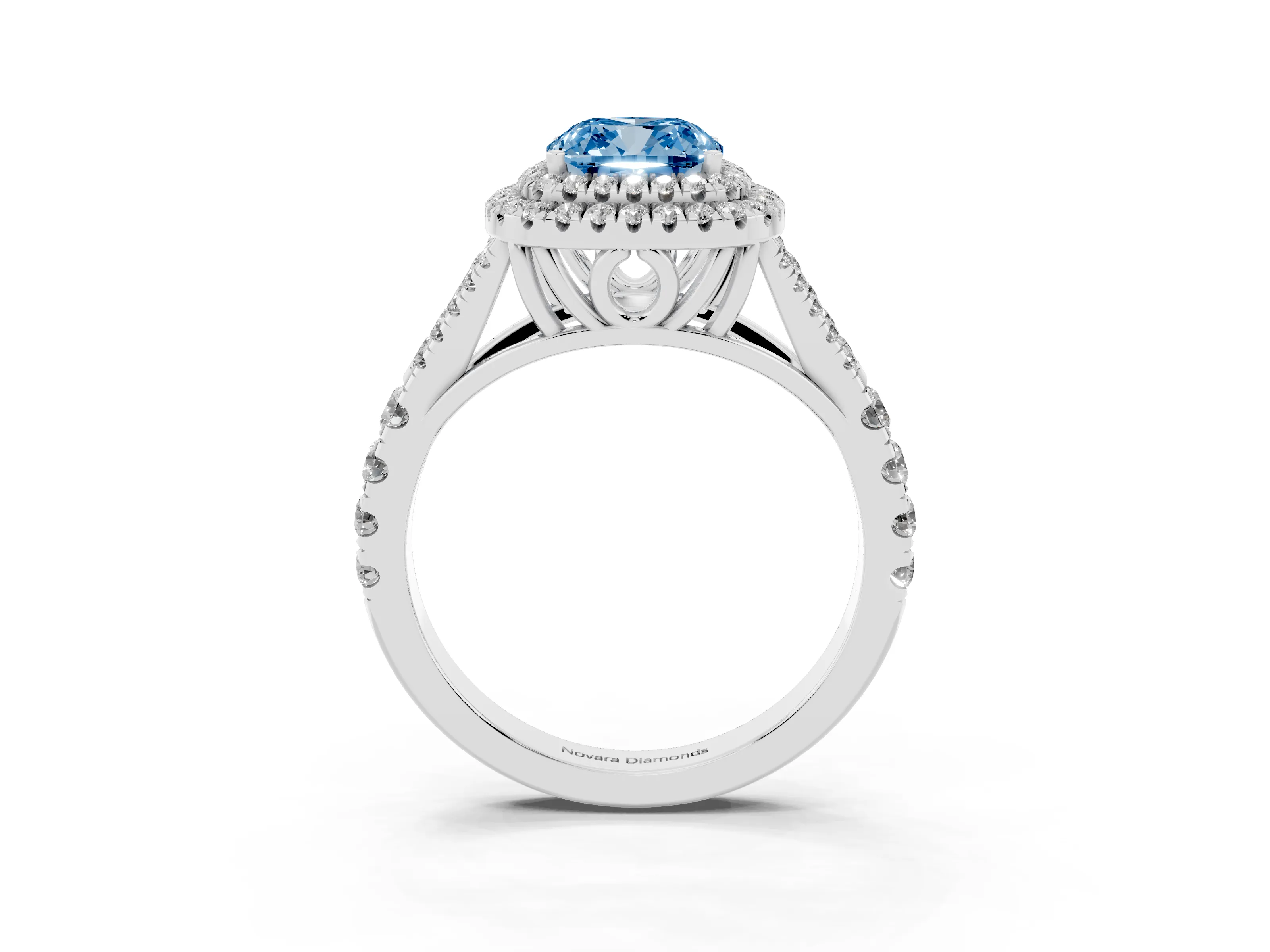 Fancy Blue Cushion Cut Diamond Pavé Split Shank Double Halo Engagement Ring Set in Silver