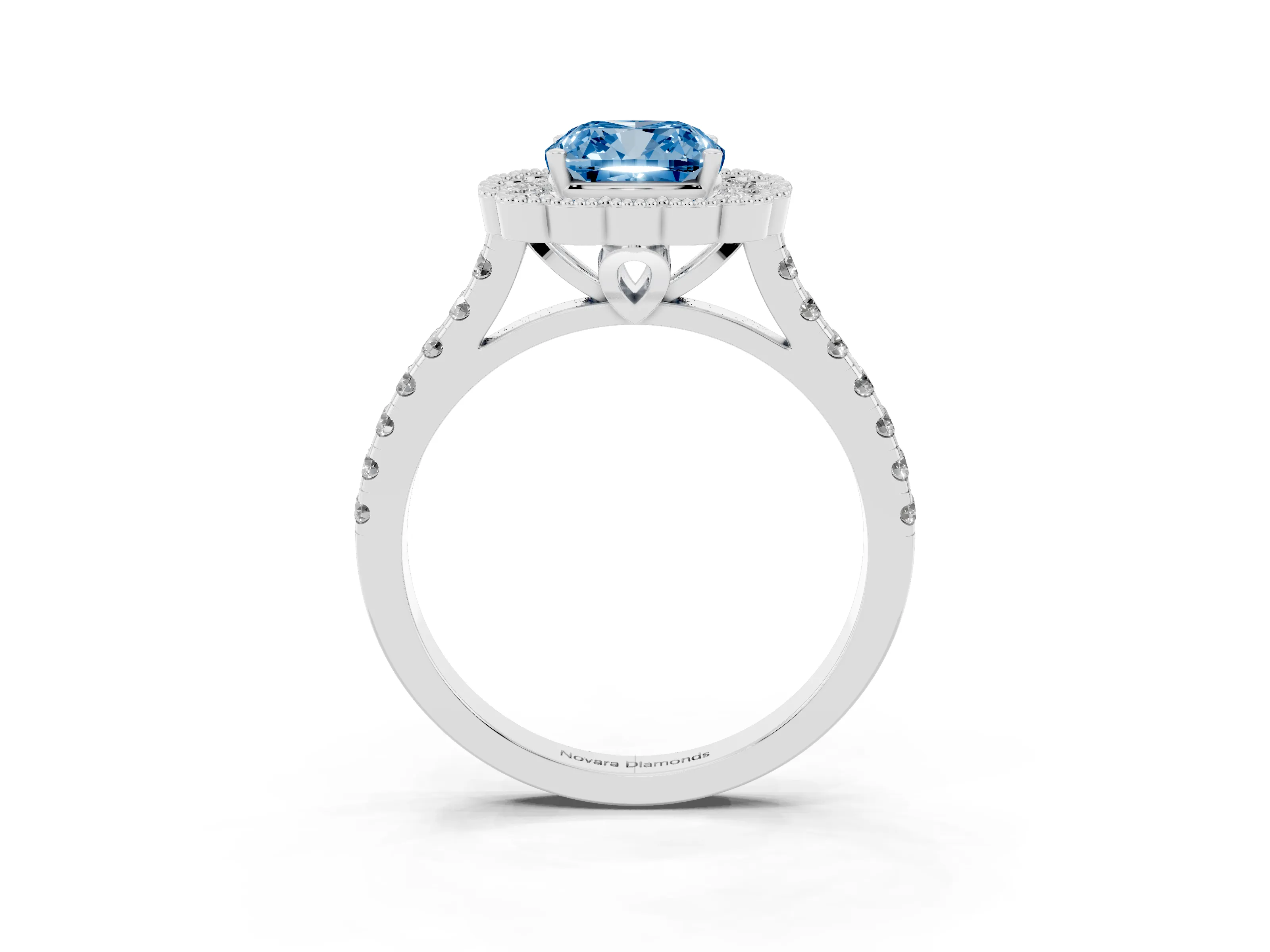 Fancy Blue Cushion Cut Diamond Milgrain Floral Halo Engagement Ring Set in White gold with Pavé Band