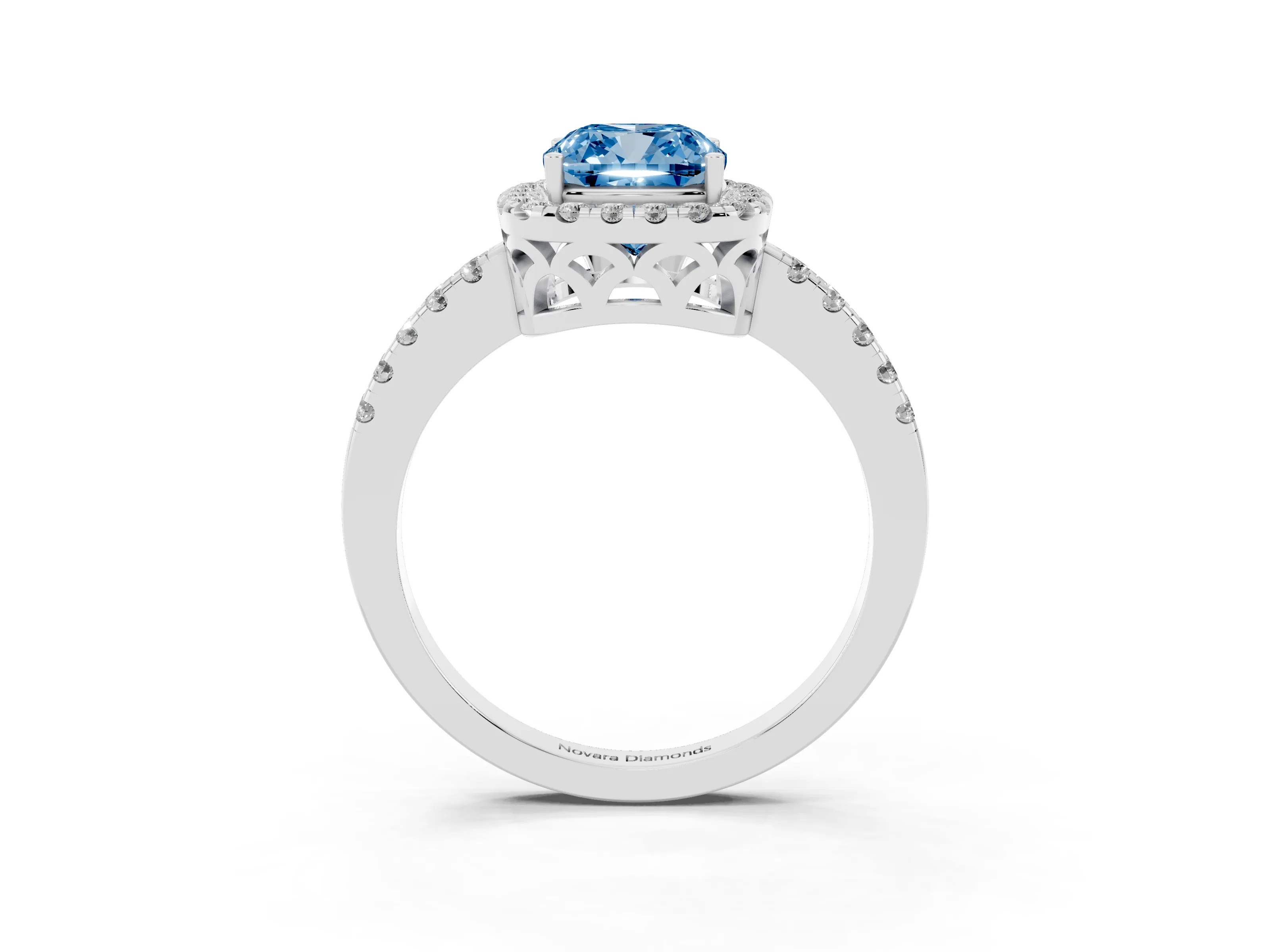 Fancy Blue Cushion Cut Diamond Pavé Band Halo Engagement Ring Set in Platinum with Prong Setting