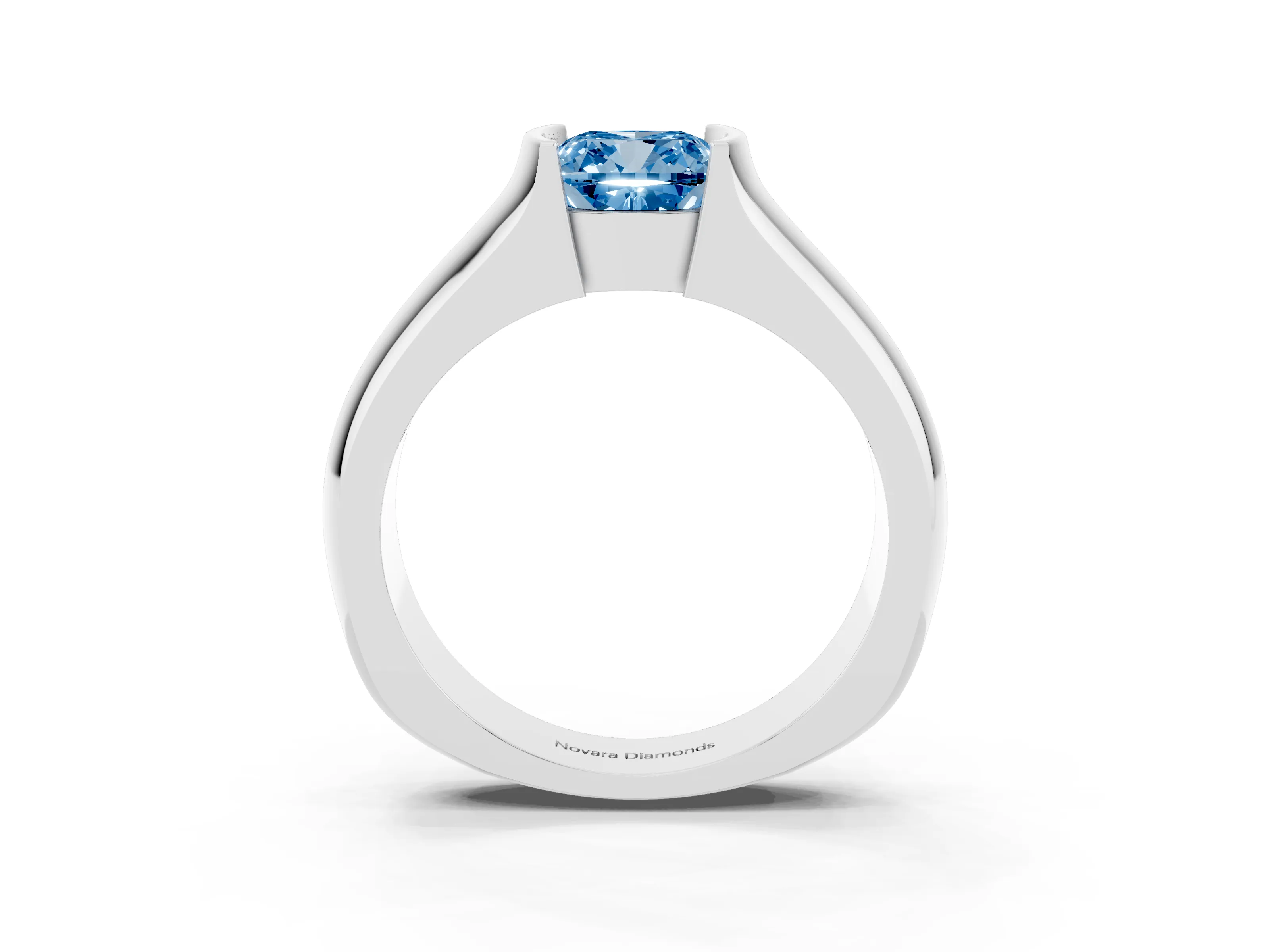 Fancy Blue Cushion Cut Diamond Bezel Solitaire Ring Set in White gold with Wide Band