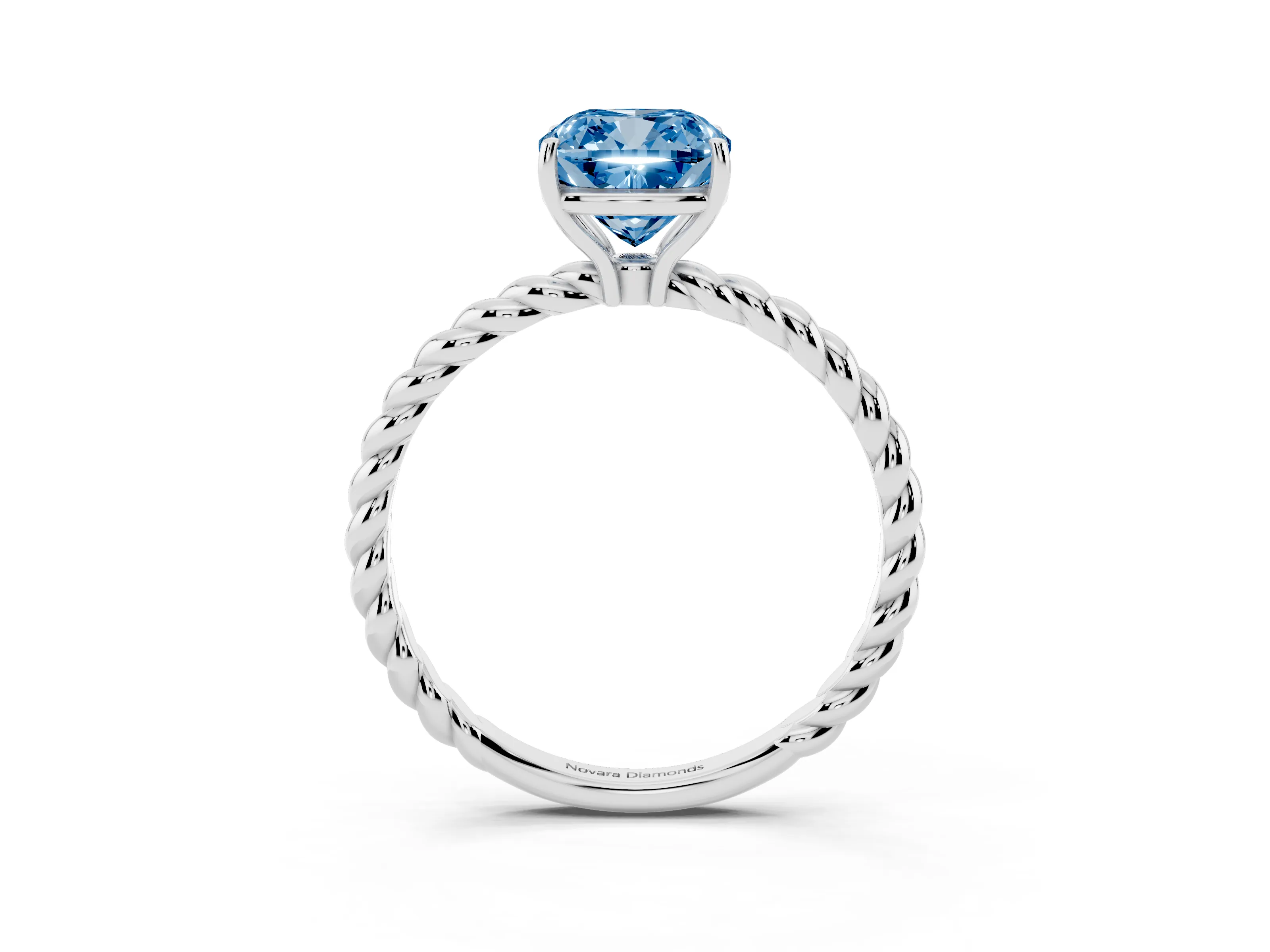 Fancy Blue Cushion Cut Diamond Solitaire Ring Set in Platinum with Twist Band and Prong Setting
