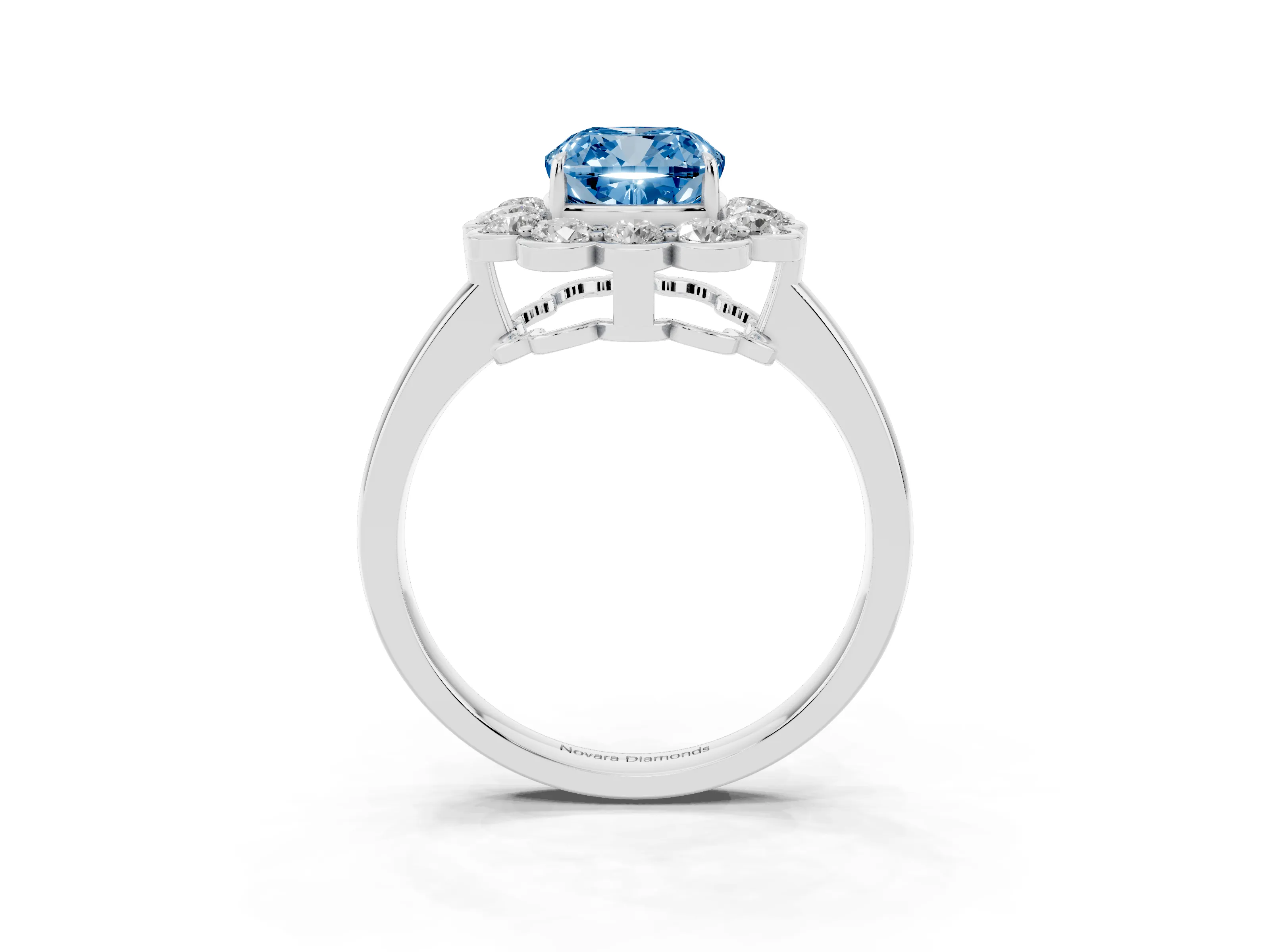 Fancy Blue Cushion Cut Diamond Halo Cluster Engagement Ring Set in Platinum with Solitaire Band and Prong Setting