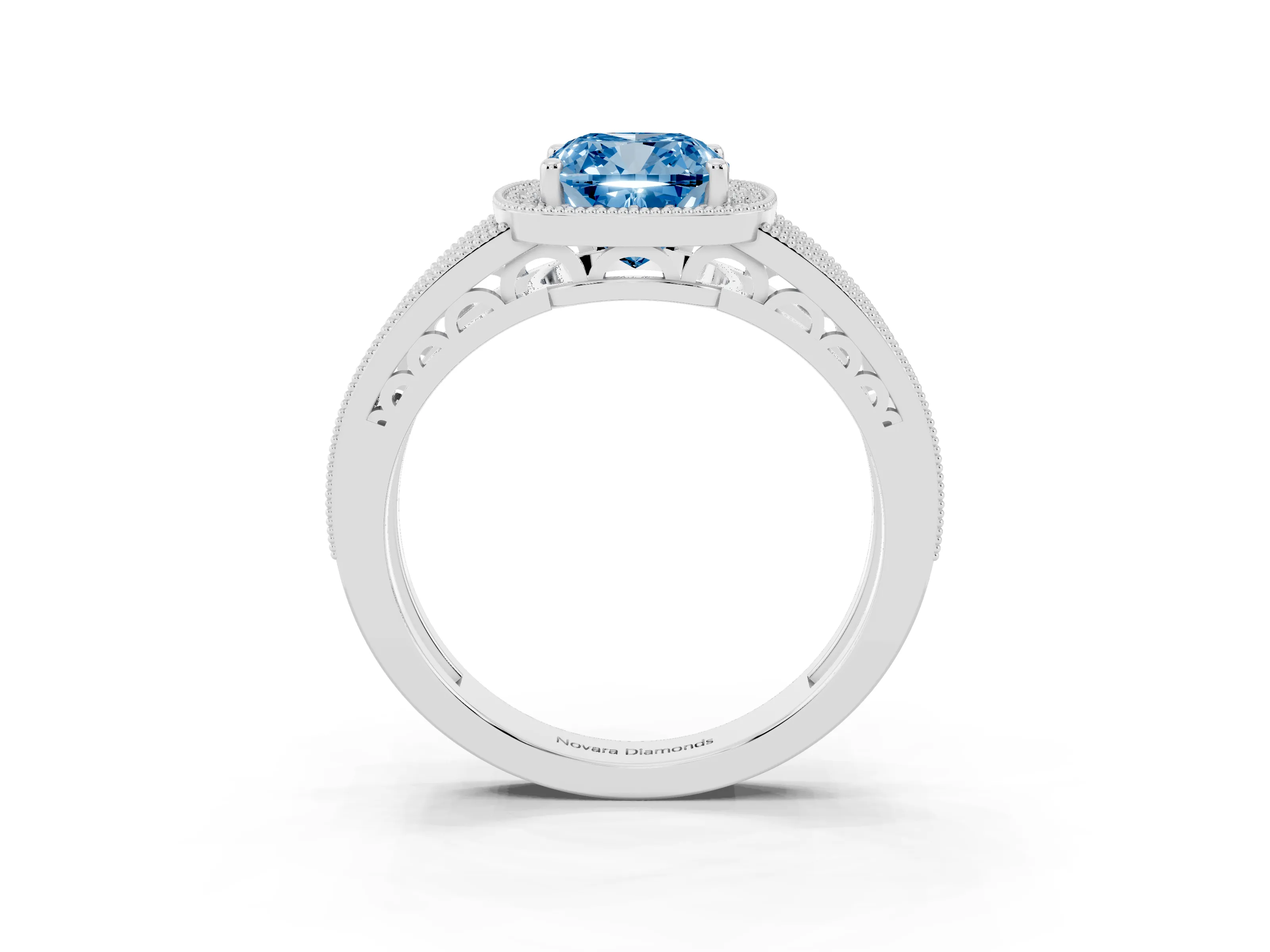 Fancy Blue Cushion Cut Diamond Halo Ring Set in Platinum with Accent Split Shank and Prong Setting