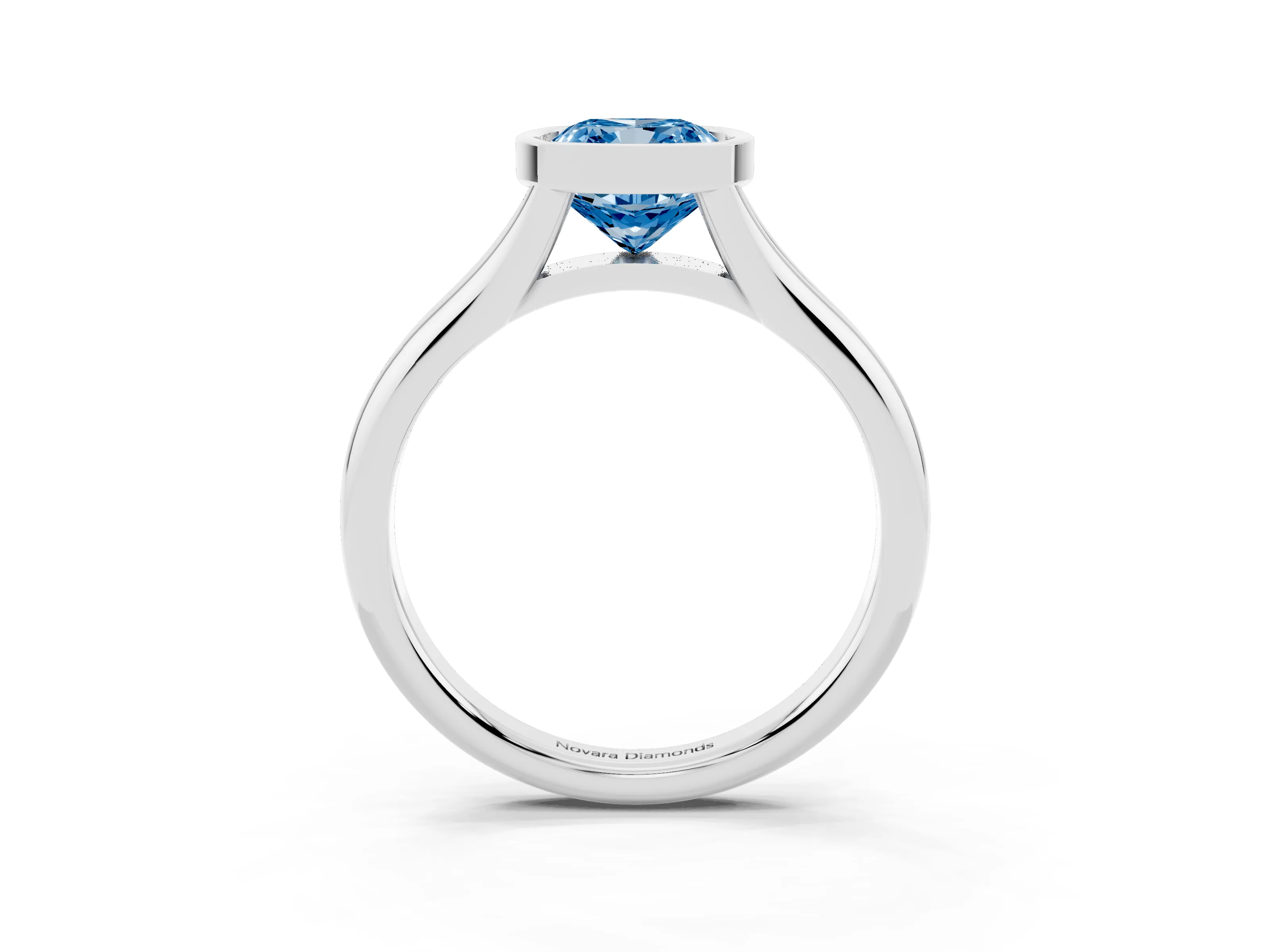 Fancy Blue Bezel Set Cushion Cut Diamond Solitaire Ring Set in Platinum with Smooth Band