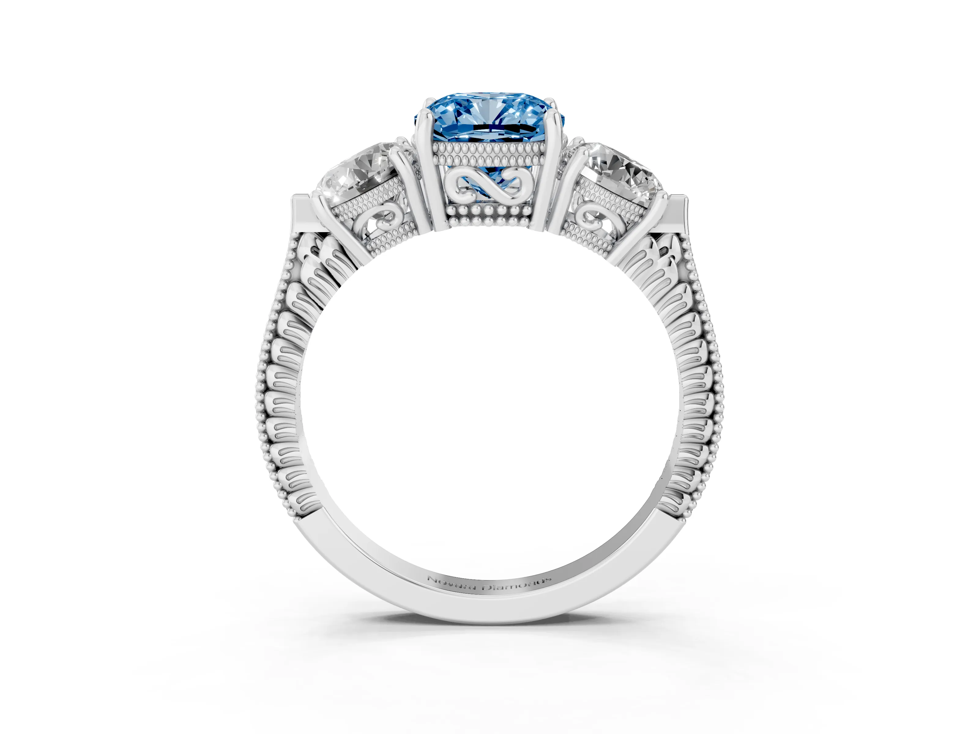 Fancy Blue Cushion Cut Diamond Three-Stone Ring Set in Silver with Milgrain Band
